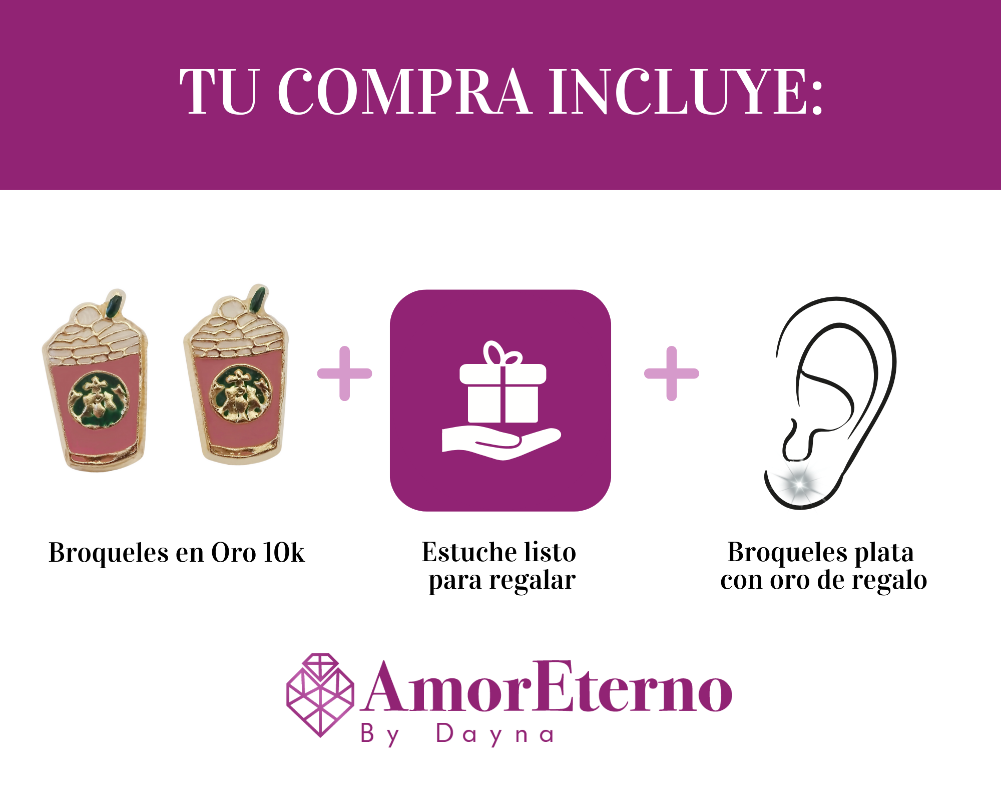 Amor Eterno - Broqueles Frappe Café Malteada / Oro 10k / Fresa