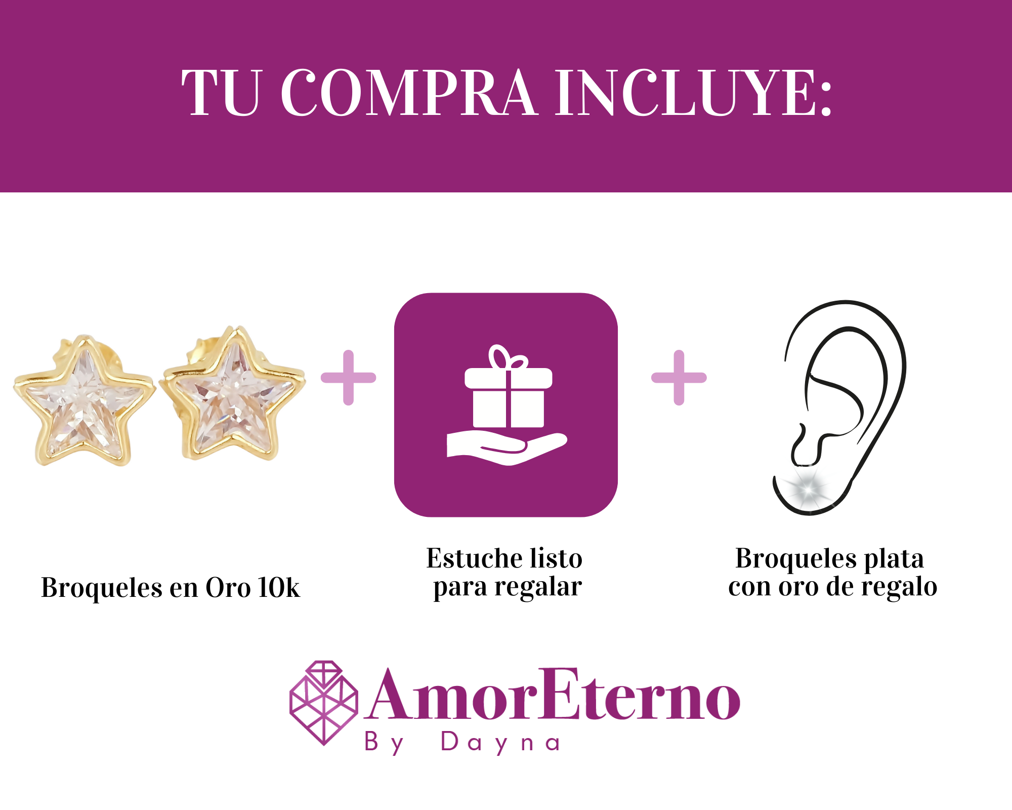 Amor Eterno - Broqueles Estrella Bisel / Aretes Oro 10k