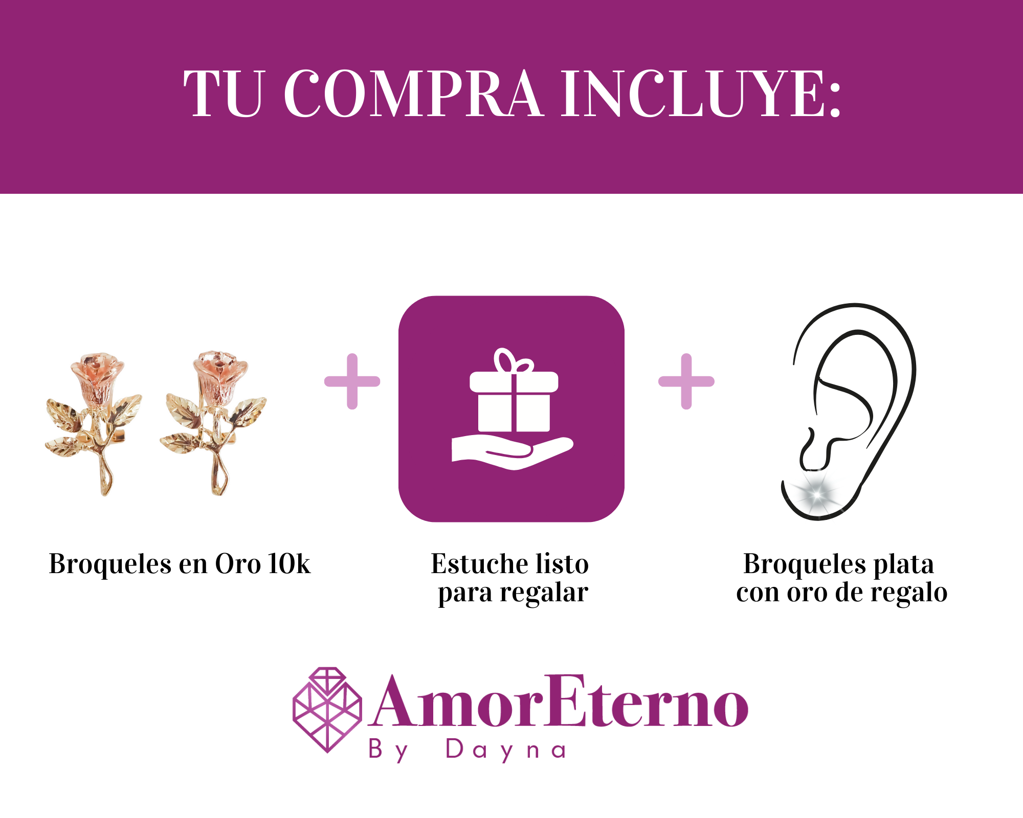 Amor Eterno - Broqueles Rosa Flor / Aretes Oro Sólido 10k