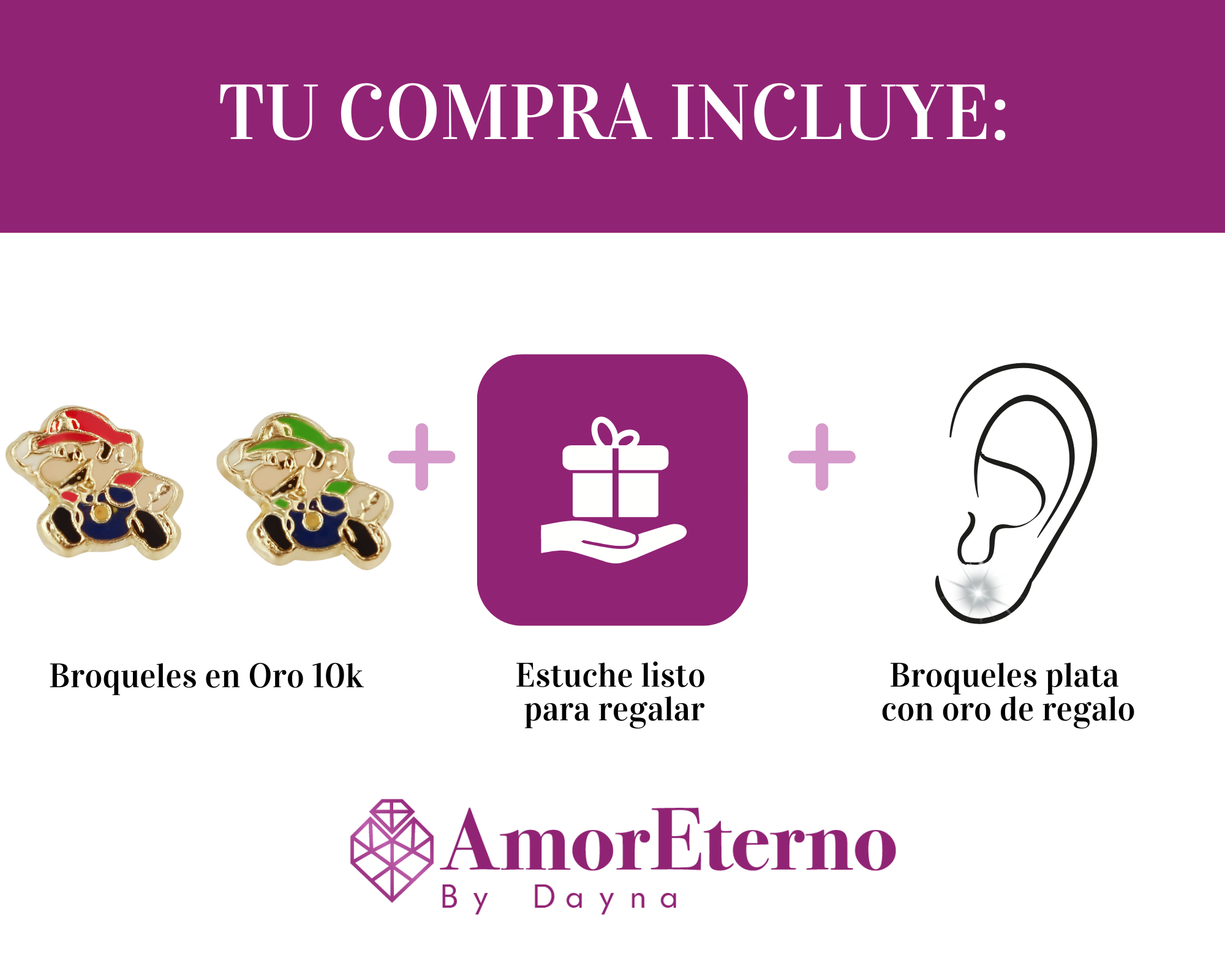 Amor Eterno - Broqueles Mario Bros Toad / Aretes Oro 10k / Mario y Luigi