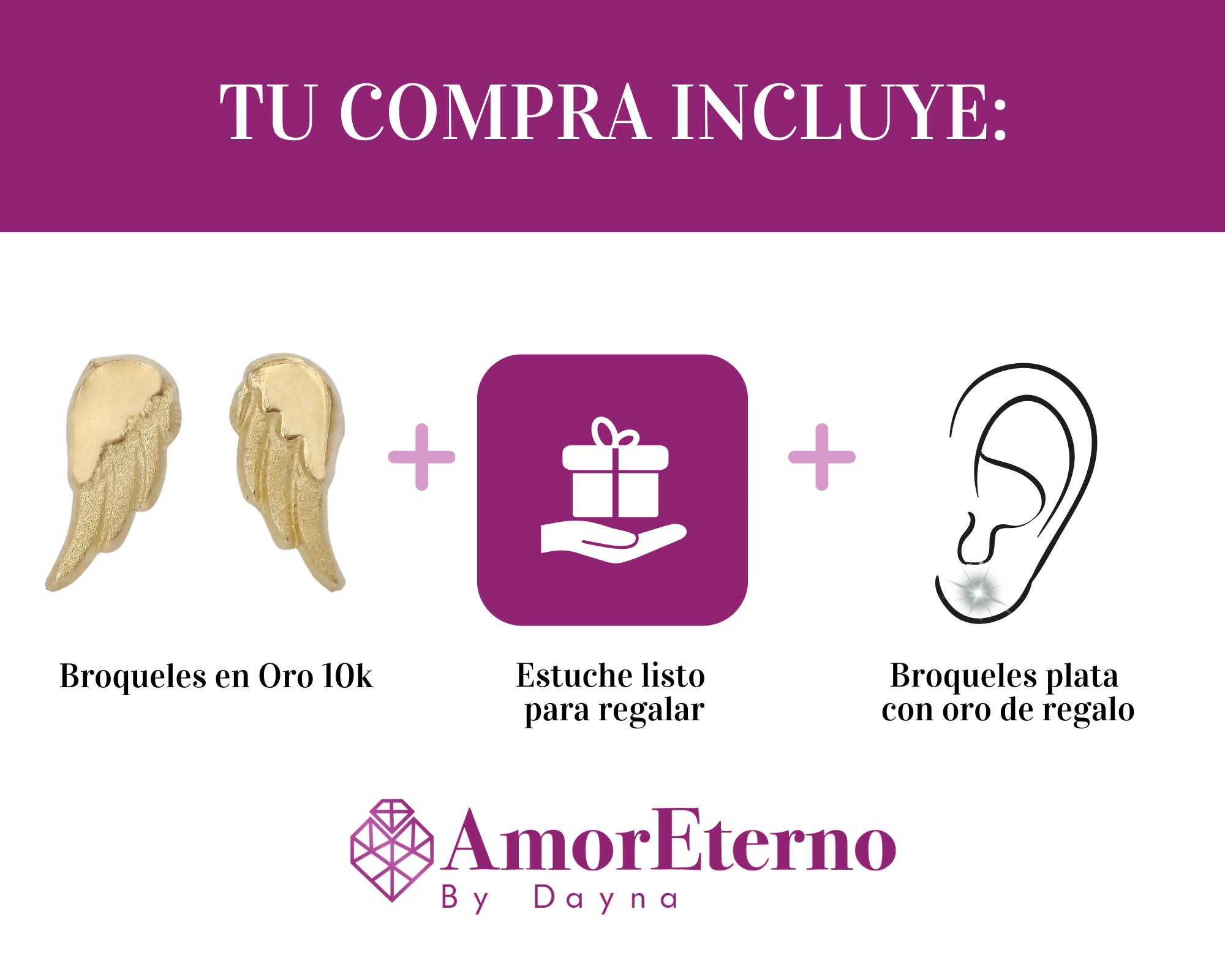 Amor Eterno - Broqueles Par Alas De Angel Due Tono / Oro 10k