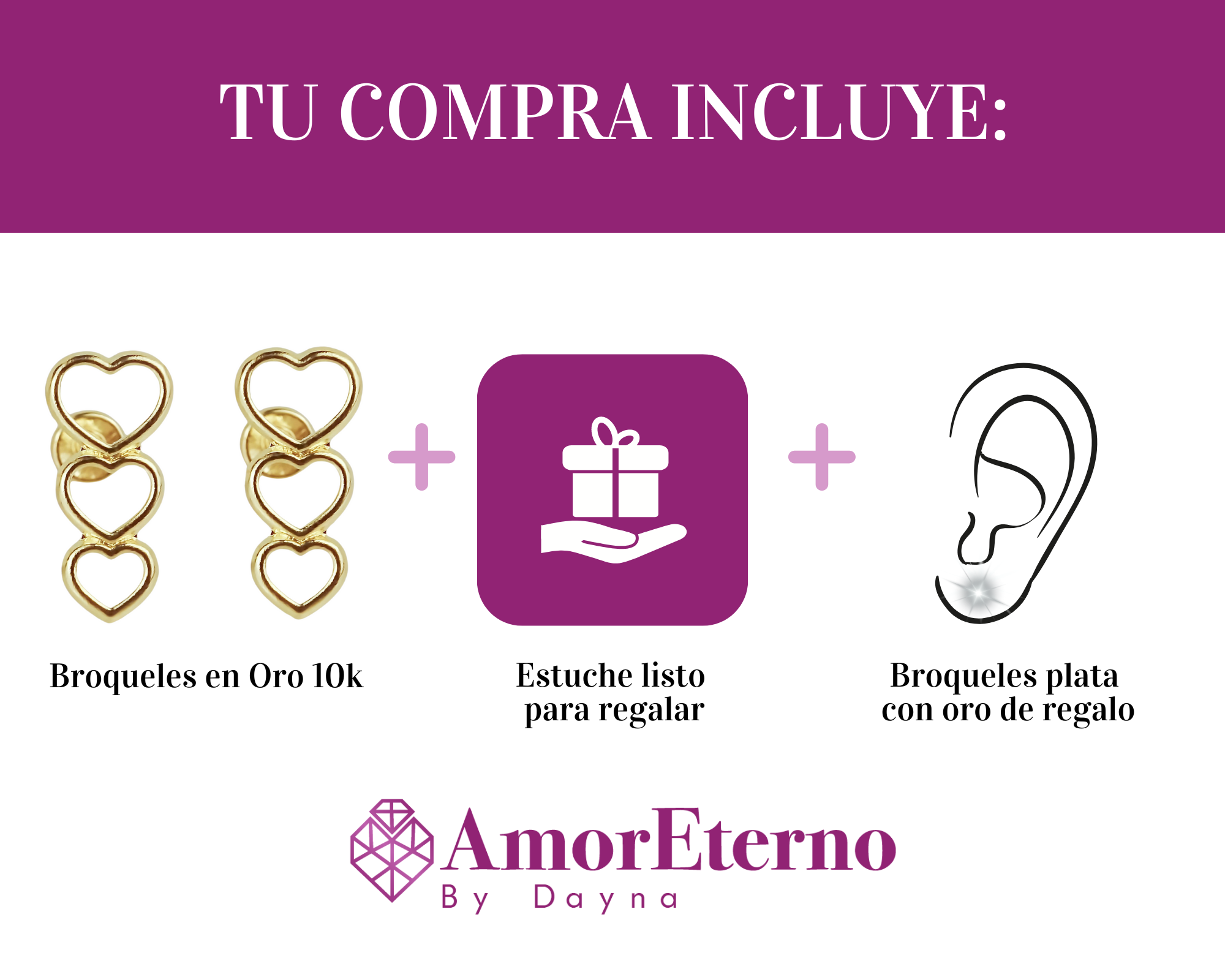 Amor Eterno - Broqueles 3 Corazones / Aretes Oro Sólido 10k