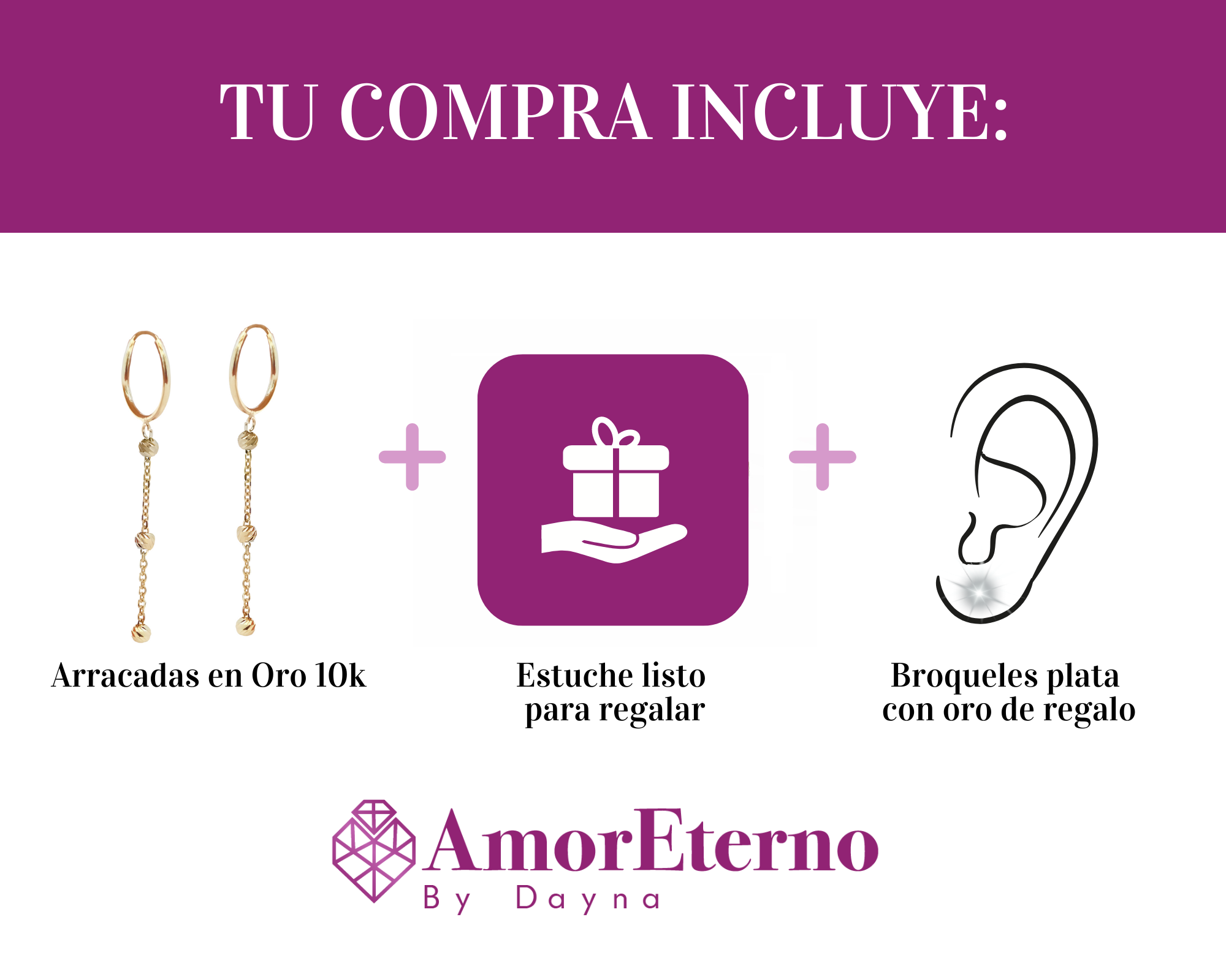 Amor Eterno - Arracadas Colgantes 3 Oros / Aretes 10k / Amarillo