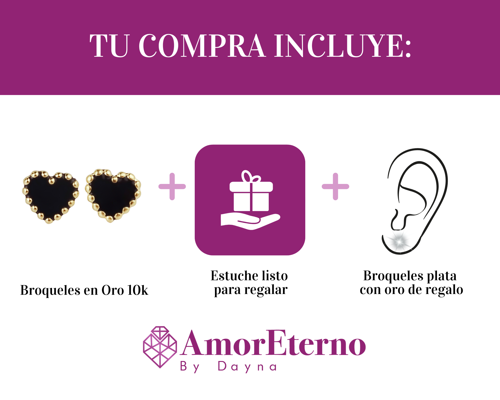 Amor Eterno - Broqueles Corazón Esmaltado / Oro Sólido 10k / Negro