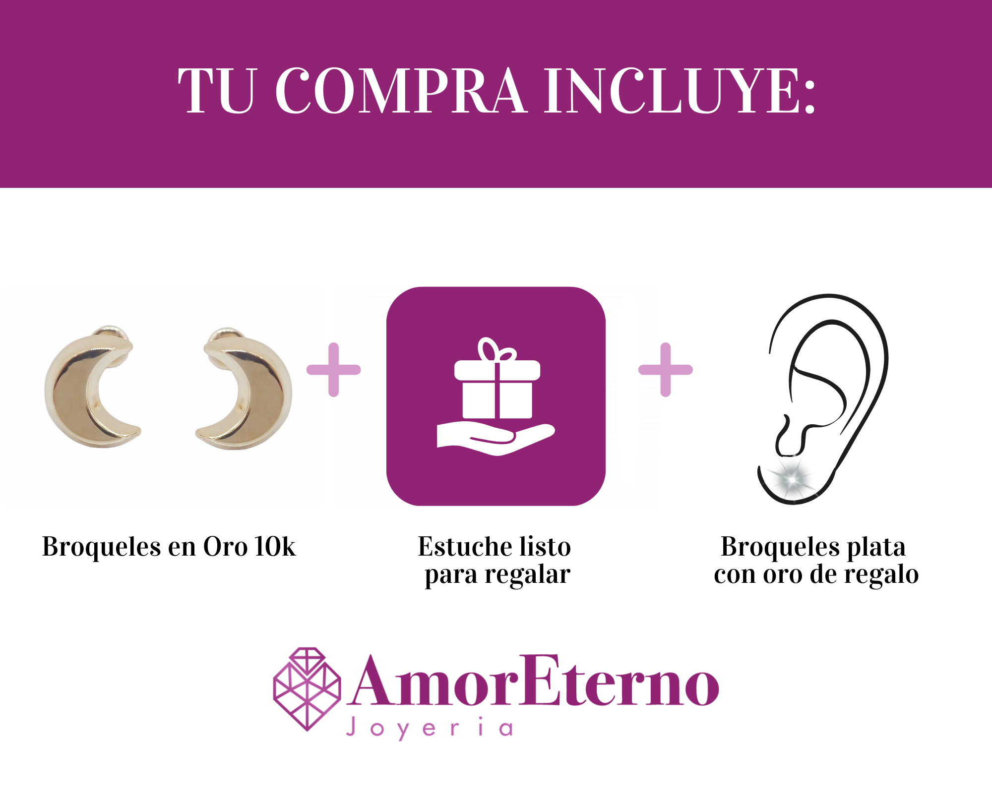 Amor Eterno - Broqueles Luna Basic / Aretes Oro 10k