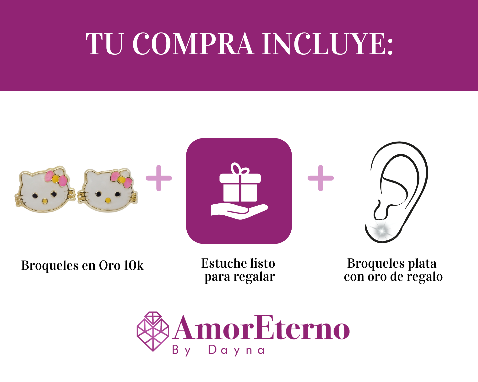 Amor Eterno - Broqueles Aretes / Kitty Carita / Oro 10k