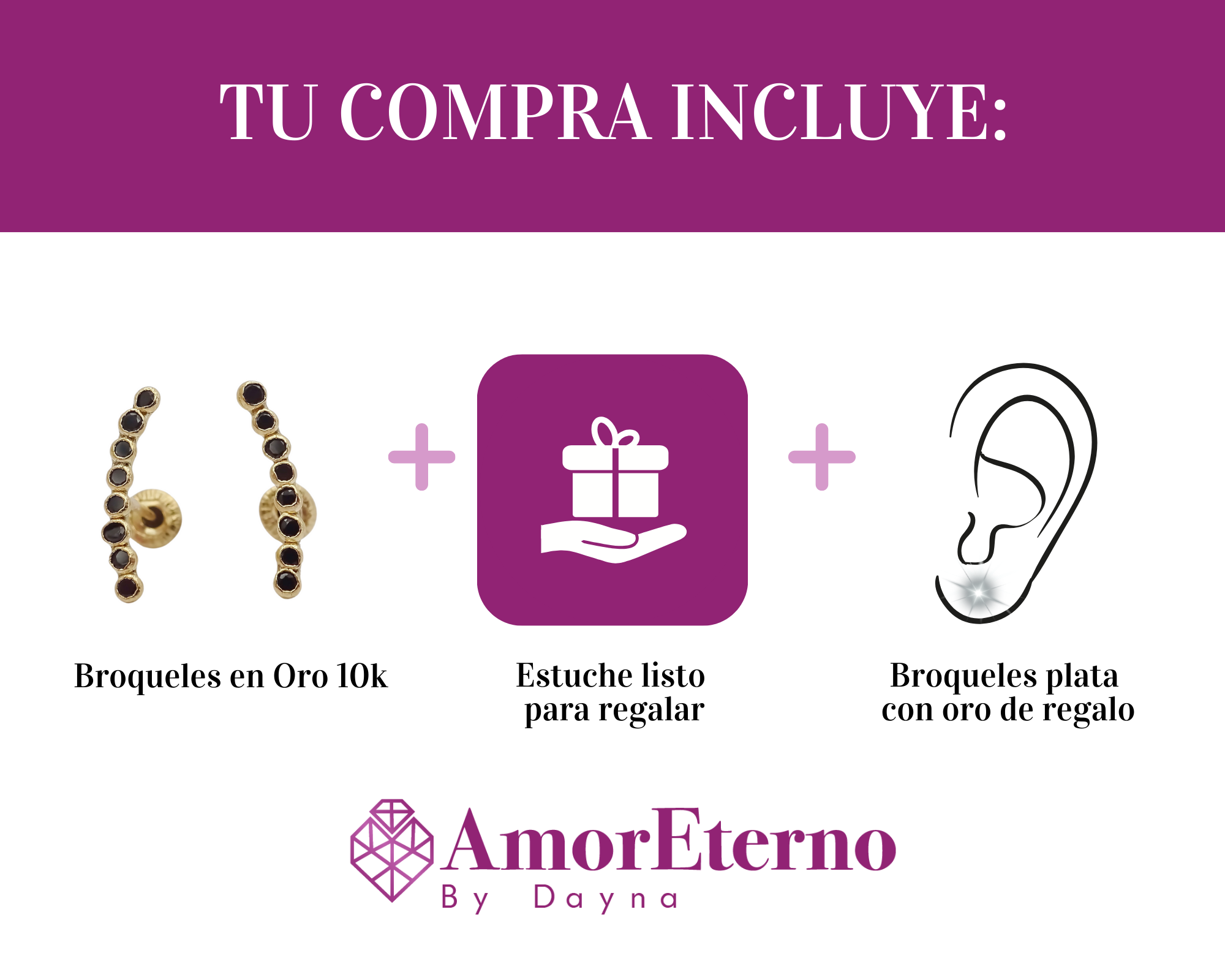 Amor Eterno - Broqueles Lambada Bebé / Aretes Oro 10k / Negro