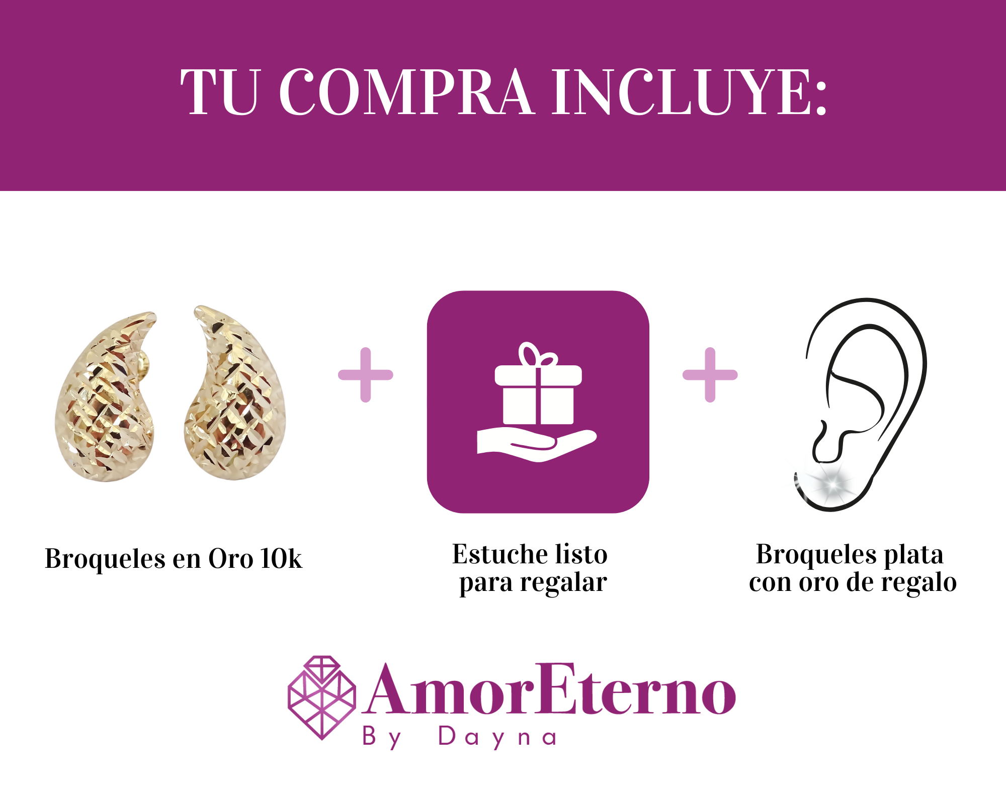 Amor Eterno - Broqueles Gota Grande Diamantada / Oro 10k