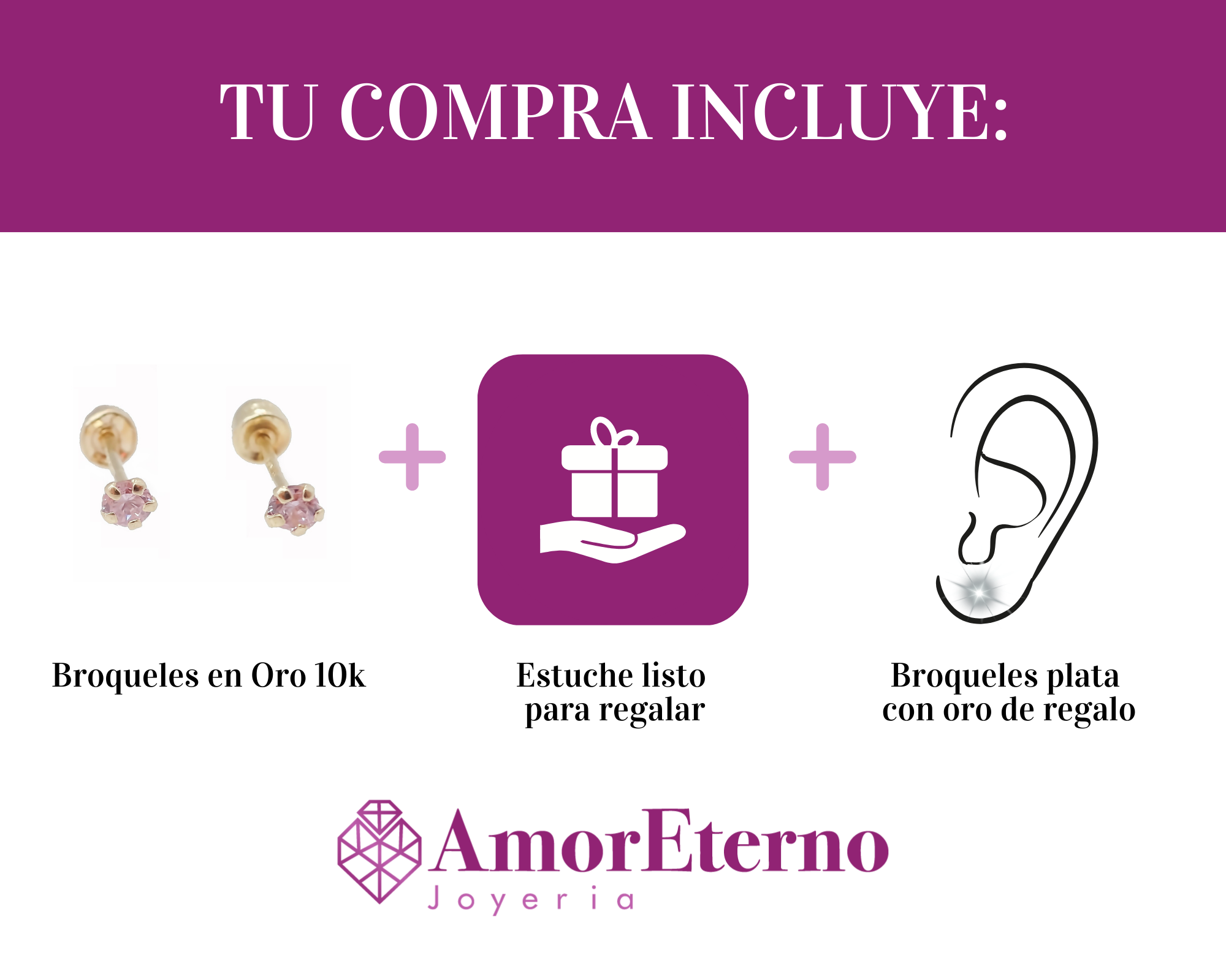 Amor Eterno - Broqueles Recto Mini Bebé / Aretes / Oro 10k / Rosa