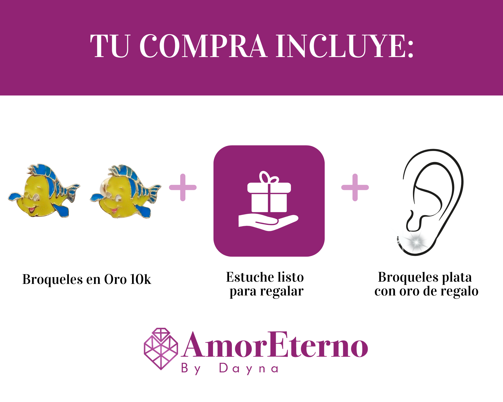Amor Eterno - Broqueles Flounder - Sirenita Disney / Oro 10k