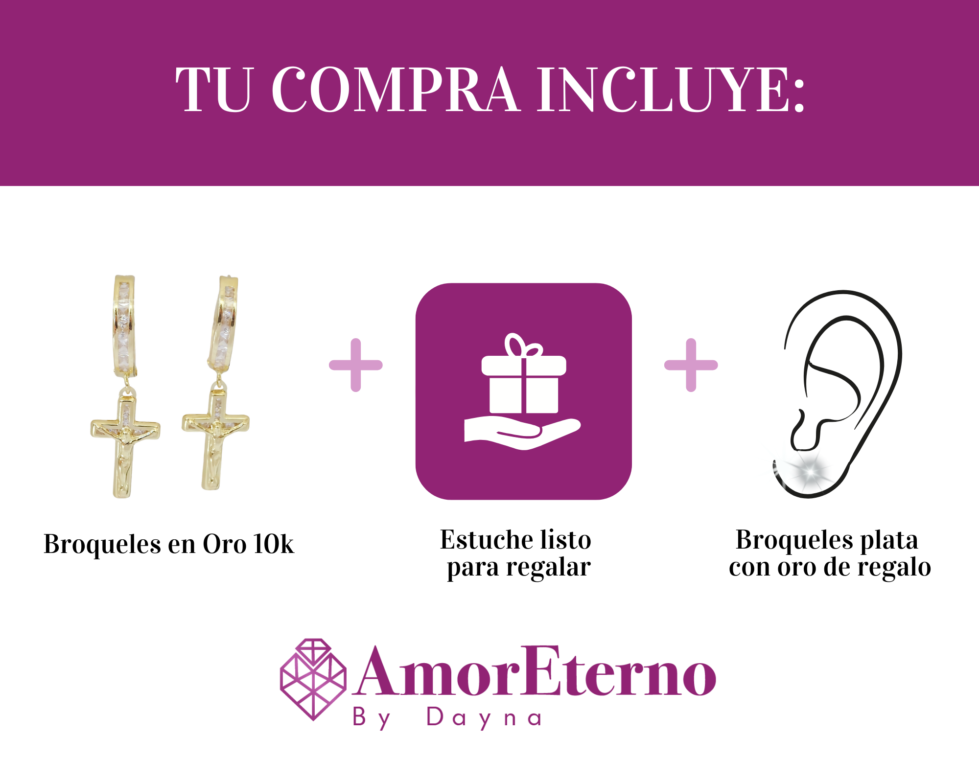 Amor Eterno - Arracadas Huggie Cruz / Oro 10k