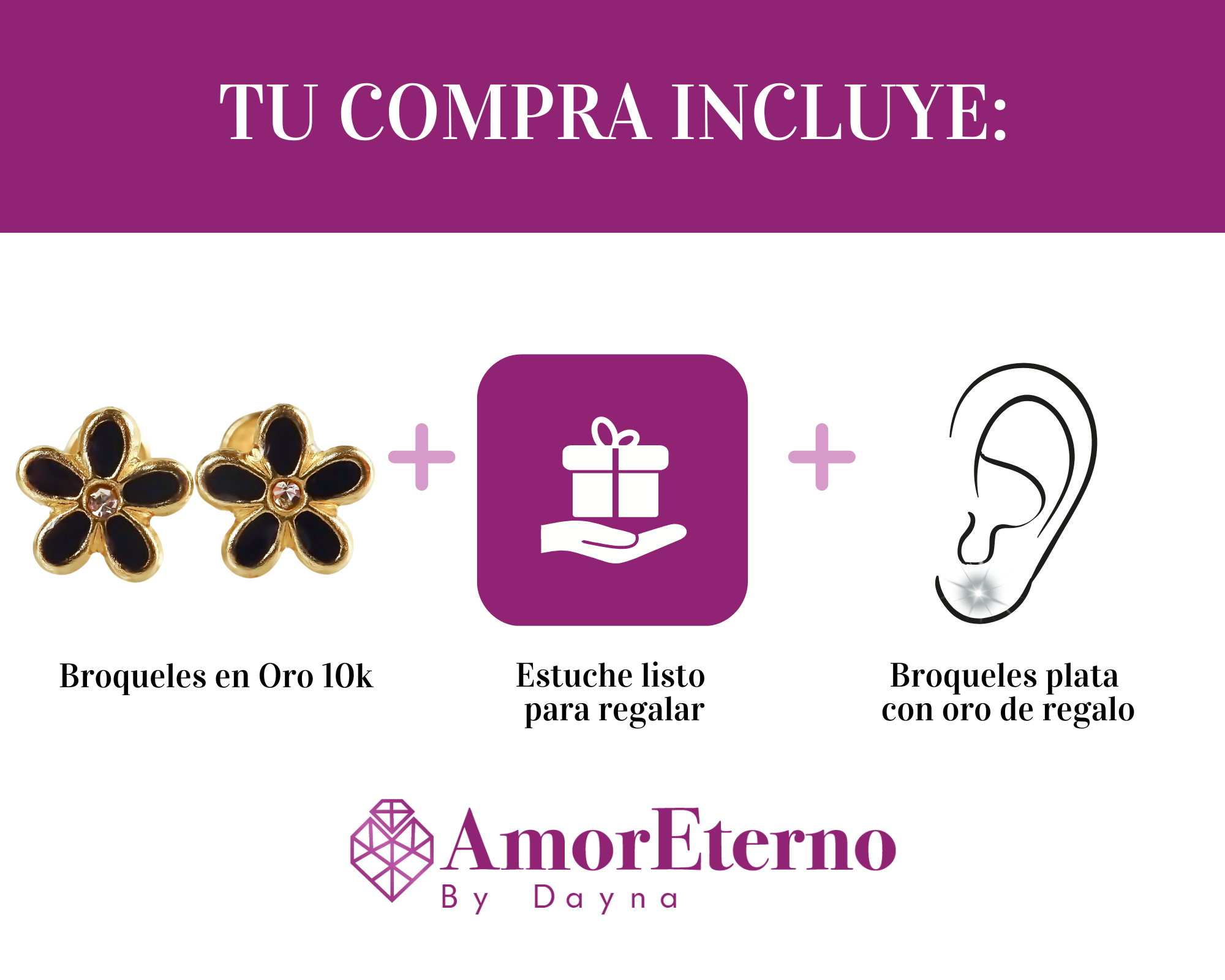 Amor Eterno - Broqueles Margarita Esmaltada / Oro Sólido 10k / NEGRO