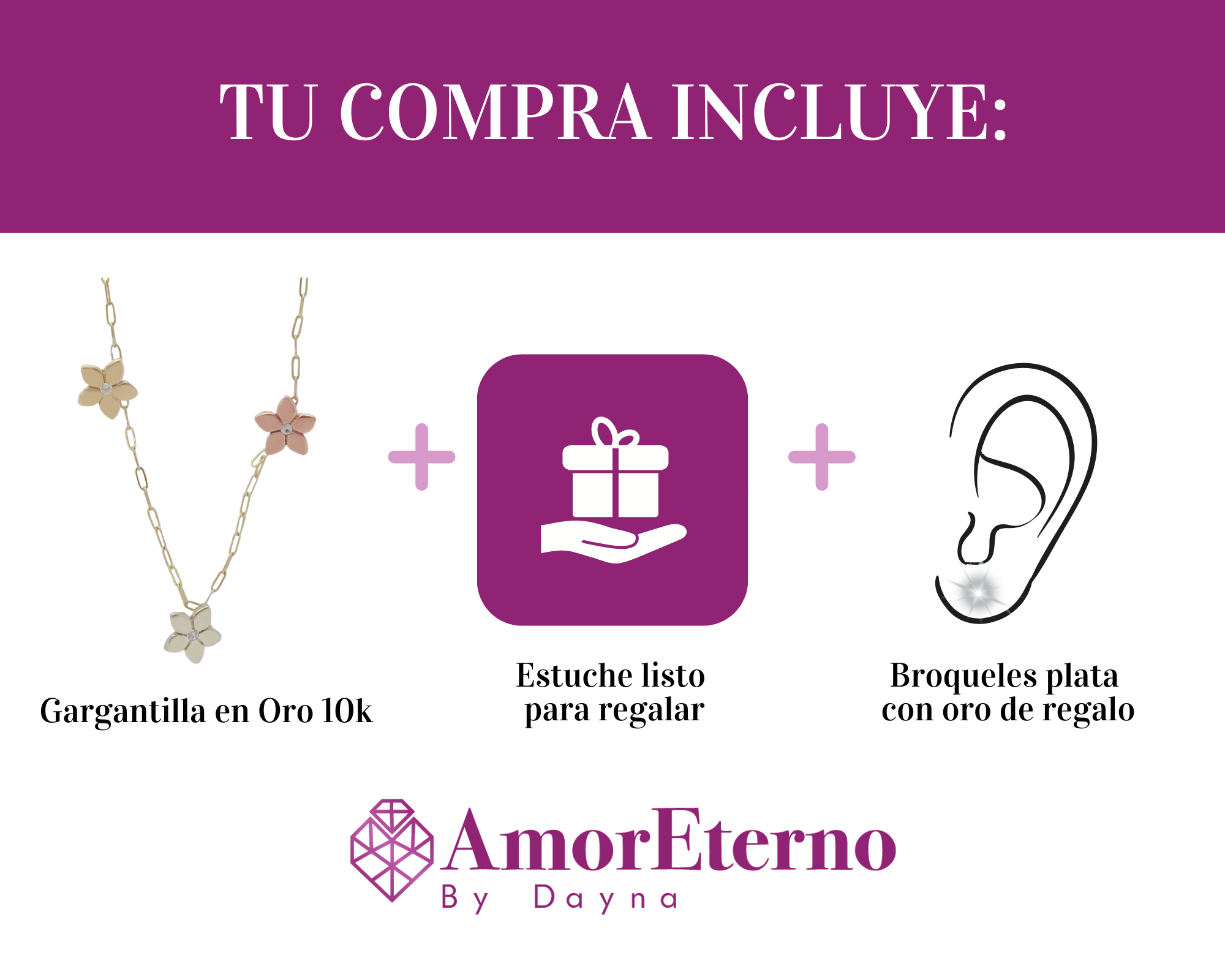 Amor Eterno - Gargantilla Flores 3 Oros / Oro Sólido 10k