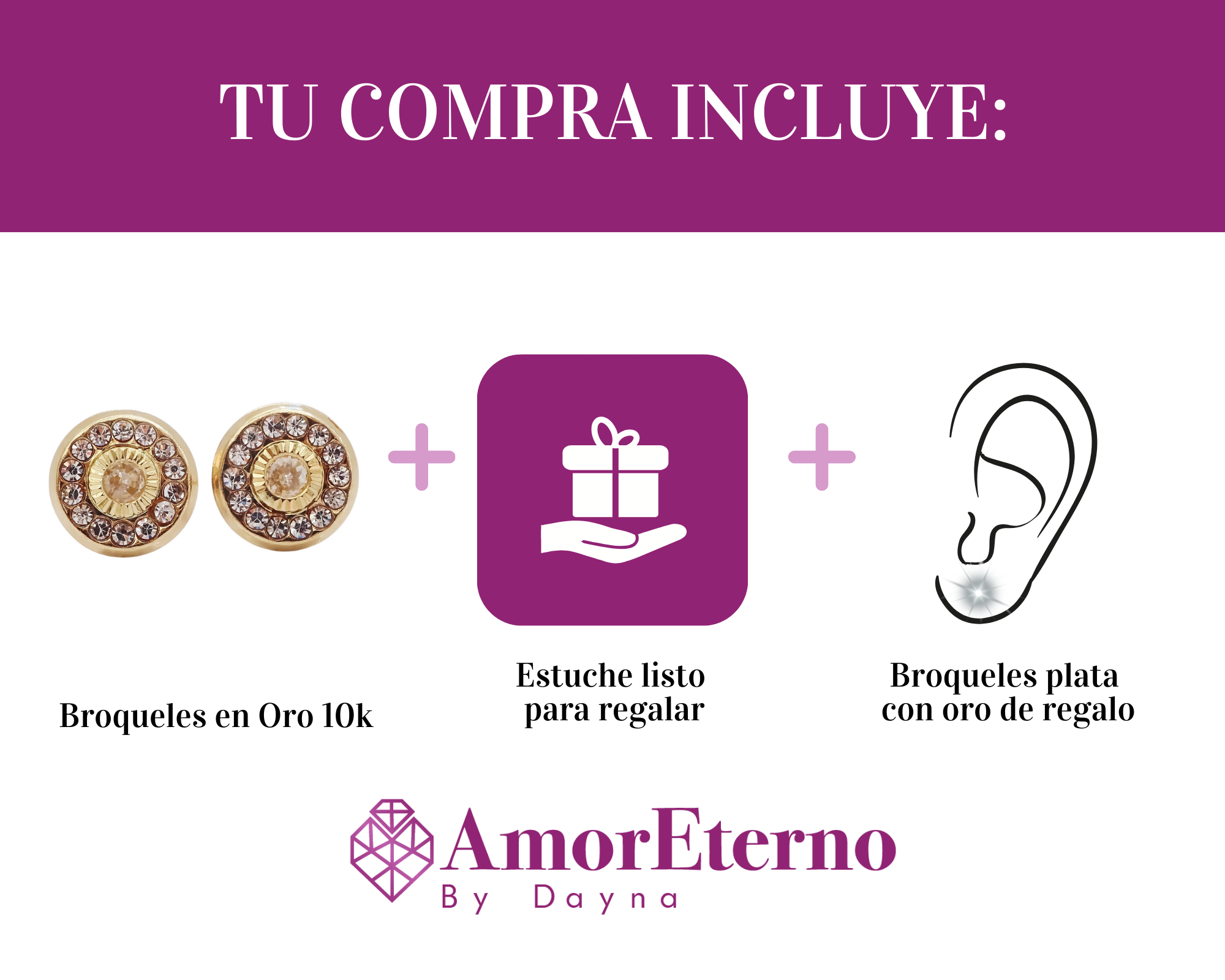 Amor Eterno - Broqueles Bisel Con Aro / Aretes Oro 10k / Transparente