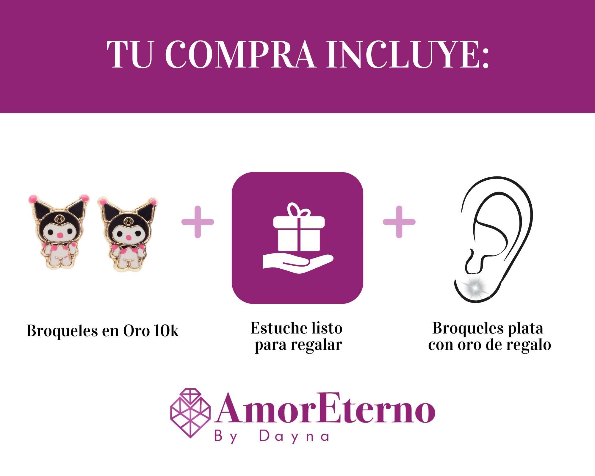 Amor Eterno - Broqueles Aretes/Kuromi/Oro 10k