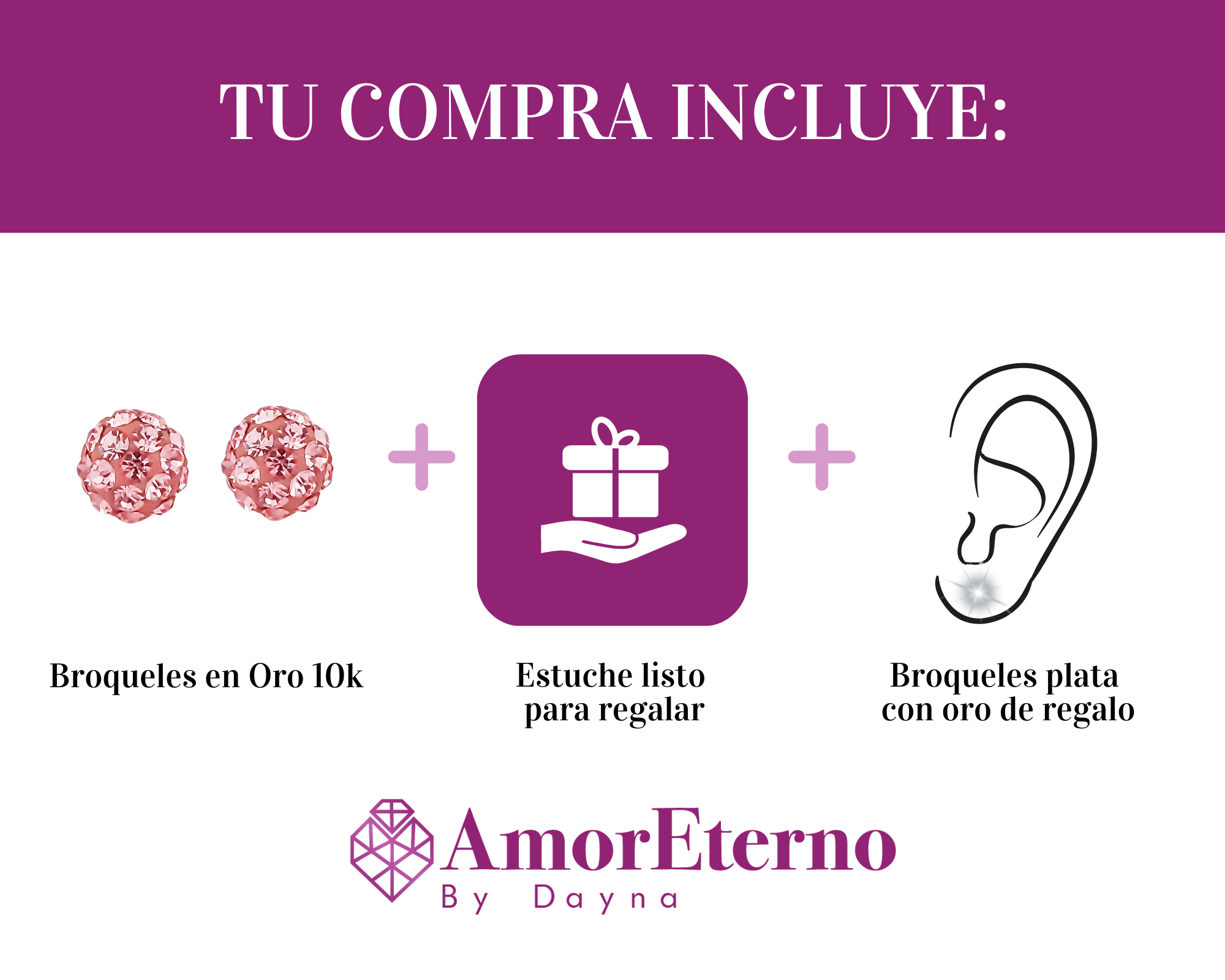 Amor Eterno - Broqueles Esferas / Aretes / Oro Sólido 10k / Rosa Chica