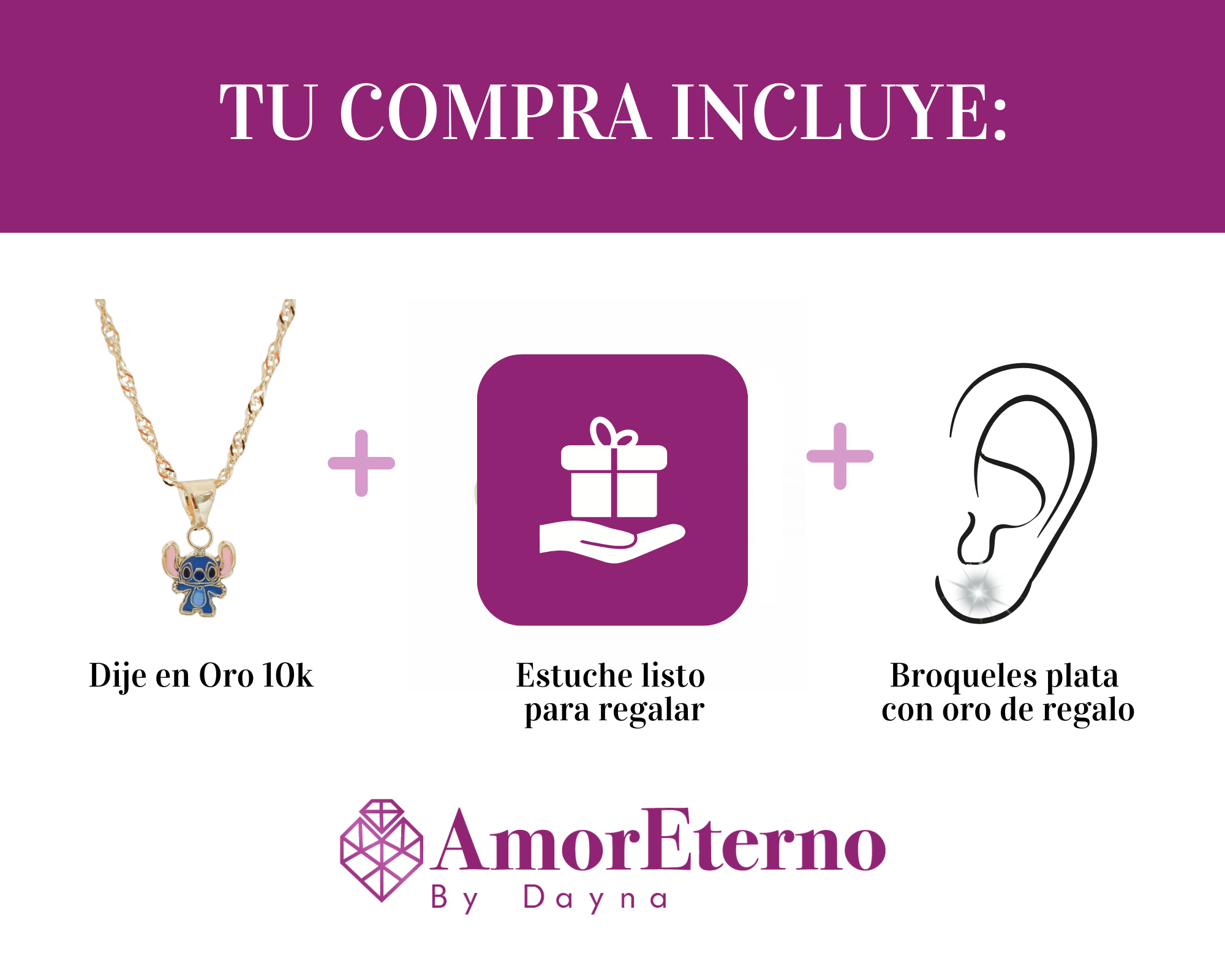 Amor Eterno - Dije Stich / Oro Sólido 10k + Cadena De Regalo