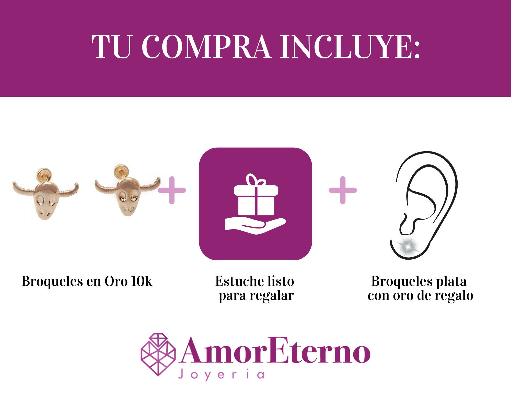 Amor Eterno - Broqueles Cráneo De Toro / Aretes / Oro 10k