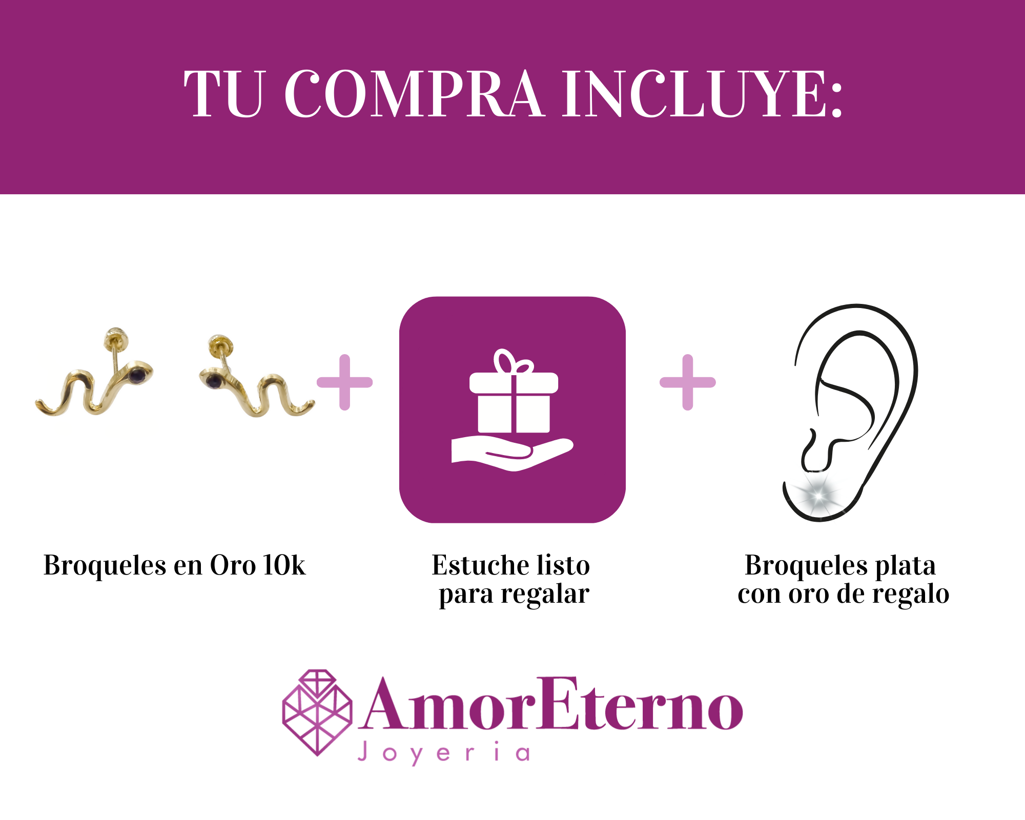 Amor Eterno - Broqueles Serpiente Vibora / Aretes / Oro 10k / Negro