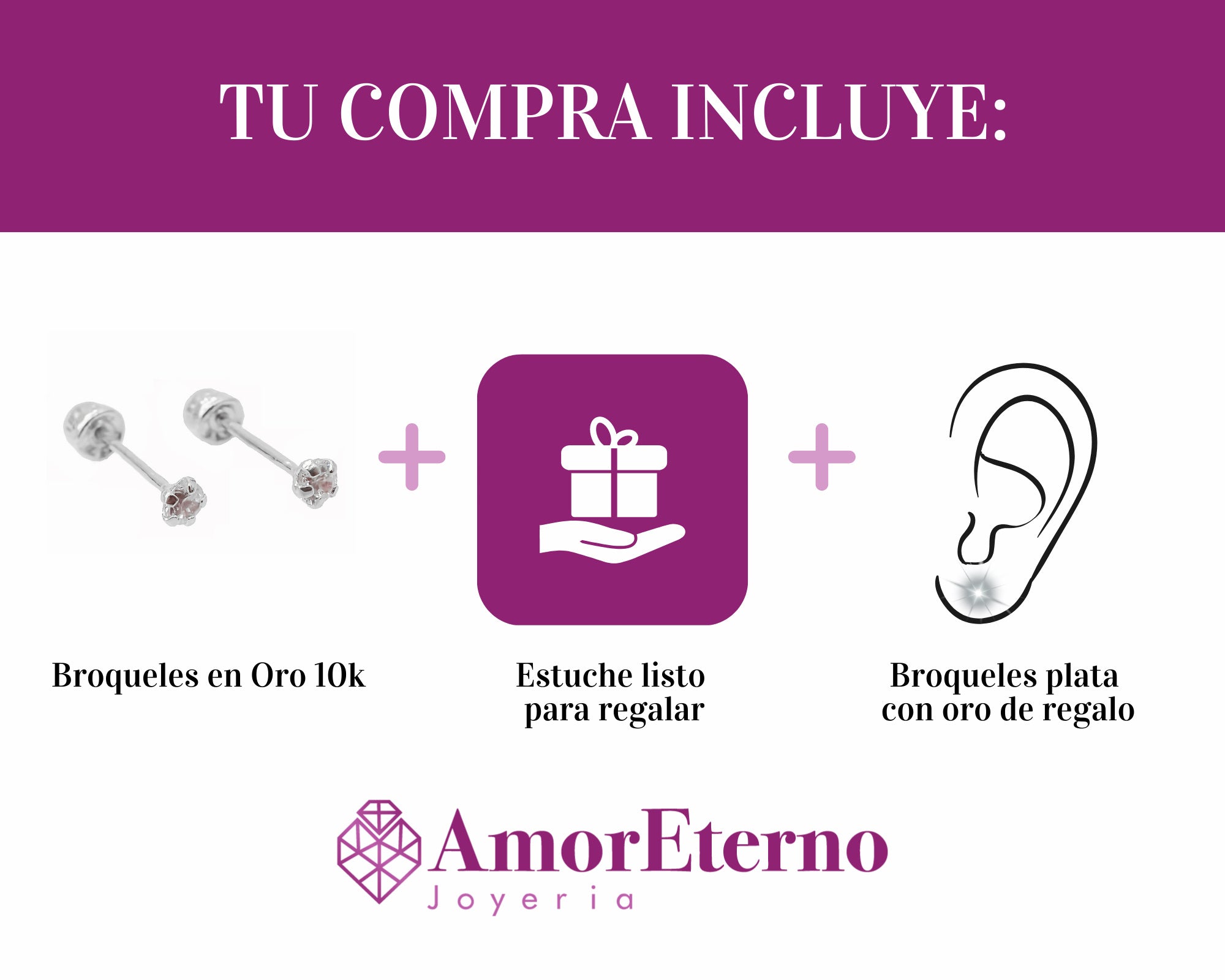 Amor Eterno - Broqueles Recto Mini Bebé / Aretes / Oro 10k / Blanco