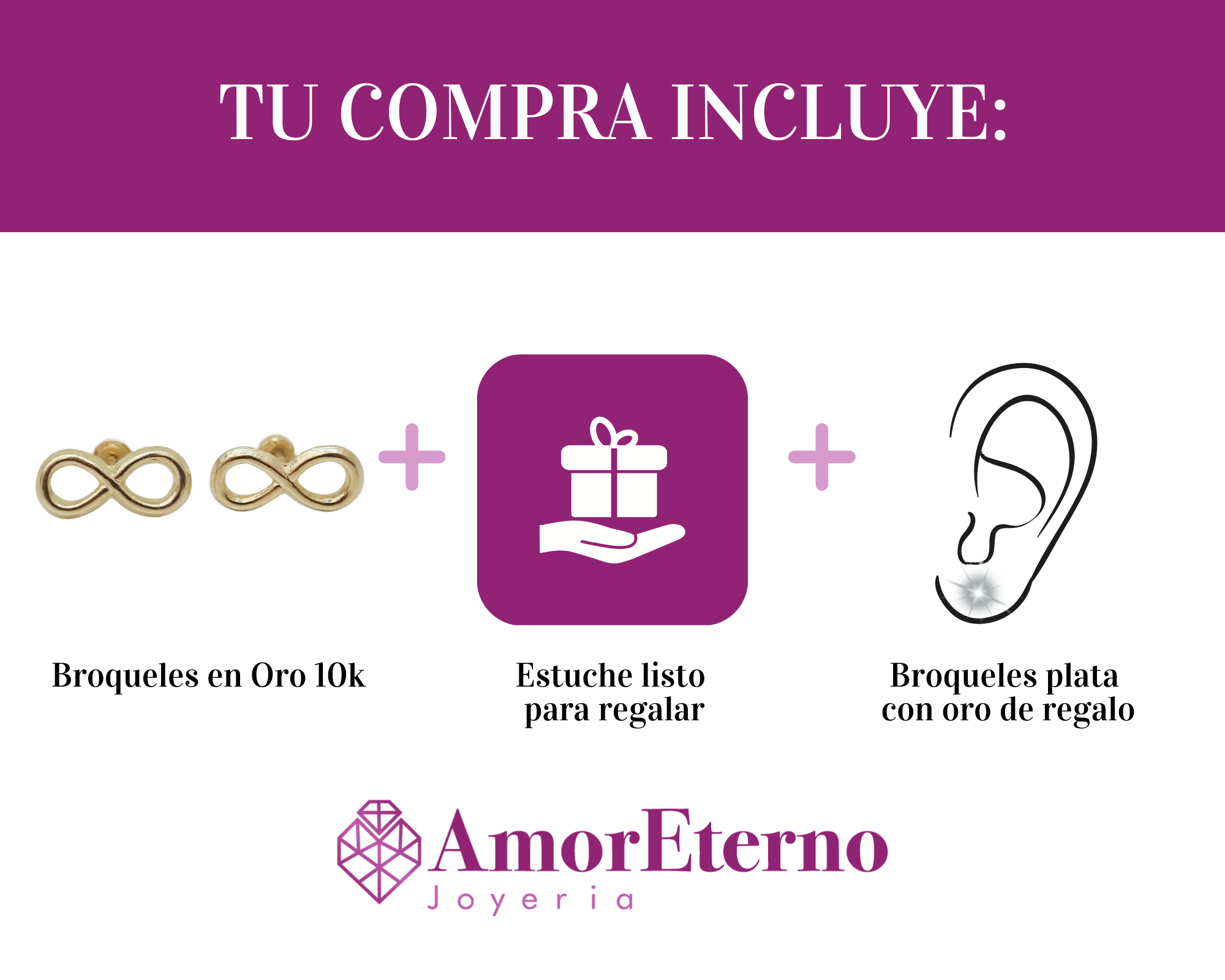Amor Eterno - Broqueles / Infinito Liso / Aretes Oro 10k
