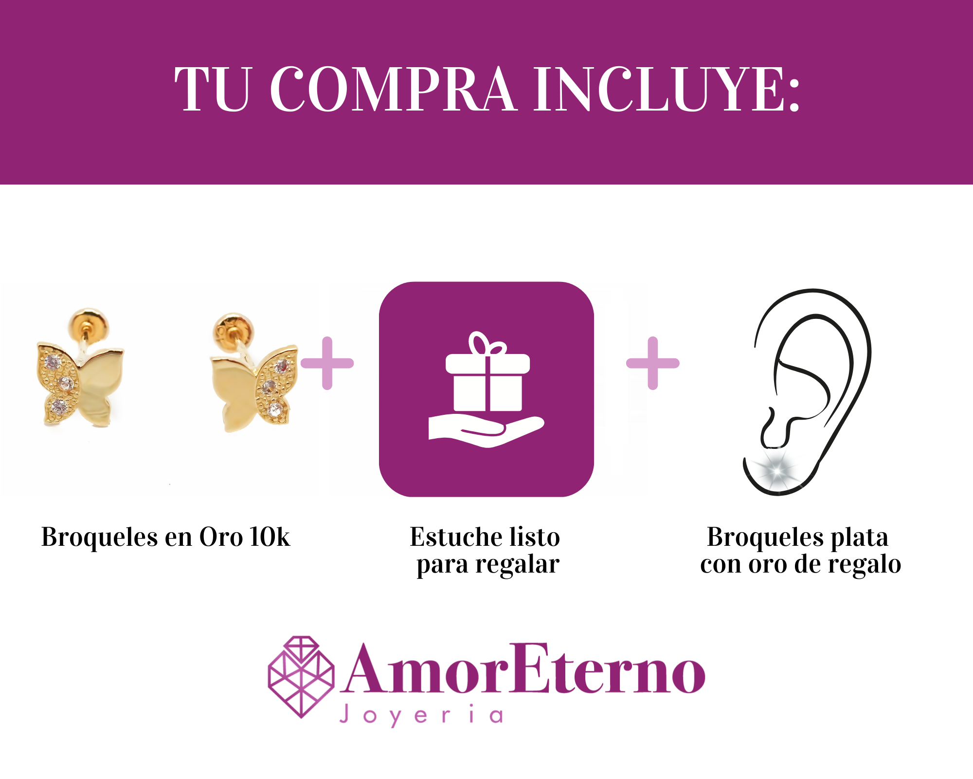Amor Eterno - Broqueles Mariposita / Aretes / Oro Sólido 10k