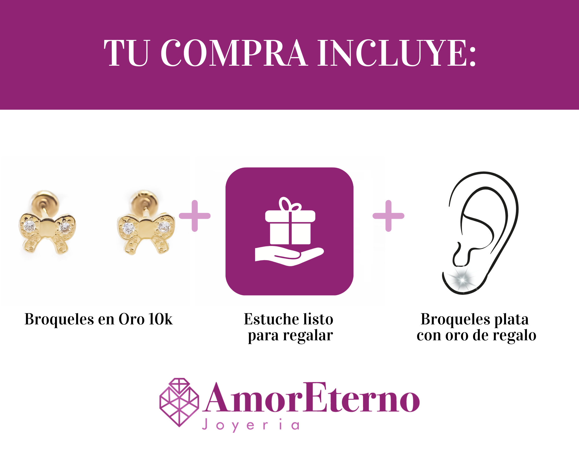 Amor Eterno - Broqueles Moñito / Aretes / Oro Sólido 10k