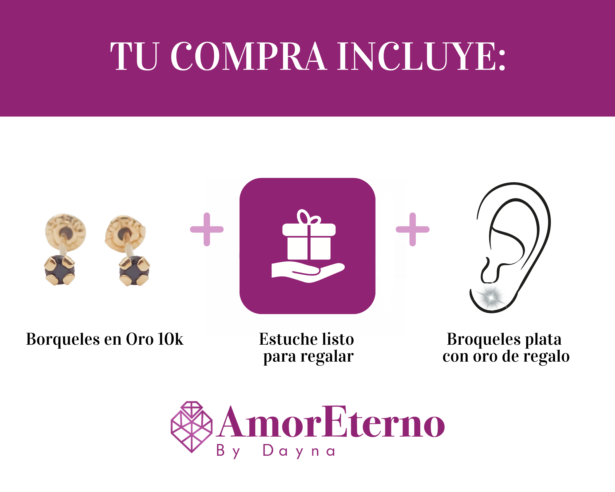 Amor Eterno - Broqueles Recto Mini Bebé / Aretes / Oro 10k / Negro
