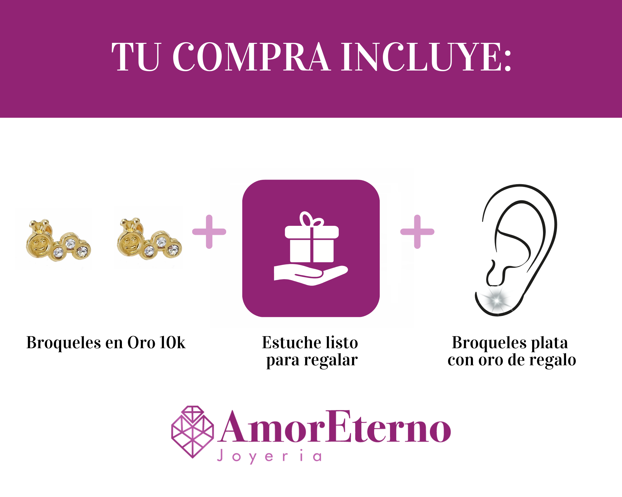 Amor Eterno - Broqueles / Oruga Tierna Bebé / Arete Oro 10k