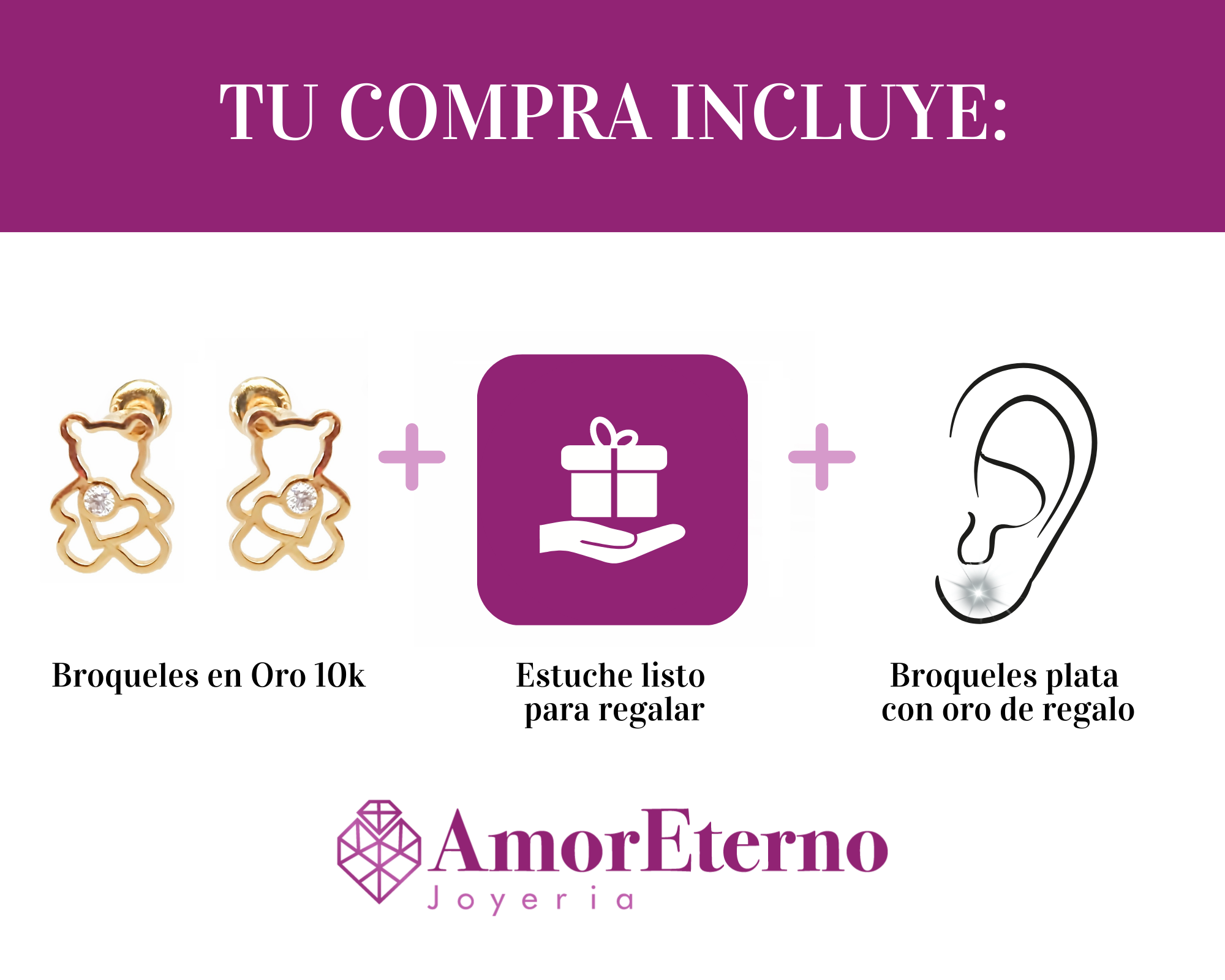 Amor Eterno - Broqueles Oso Corazón / Arete / Oro Sólido 10k