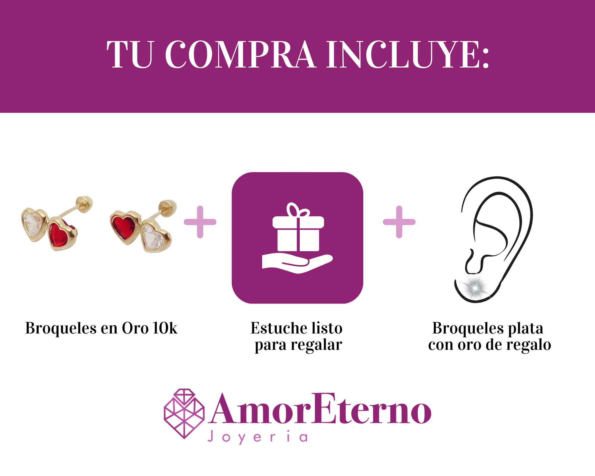 Amor Eterno - Broqueles / Tu Y Yo Bisel / Aretes Oro 10k / Rojo