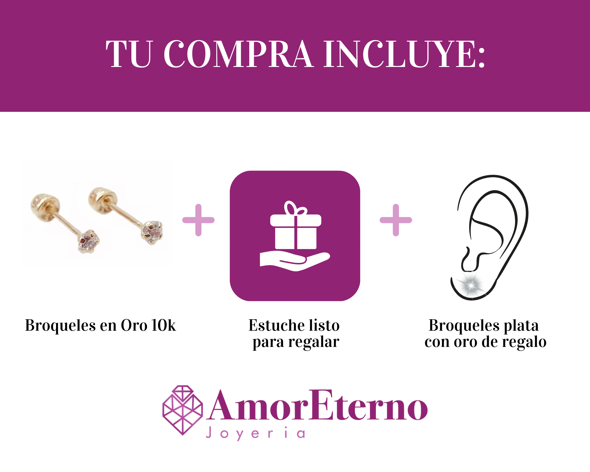 Amor Eterno - Broqueles Recto Mini Bebé / Aretes / Oro 10k / Transparente