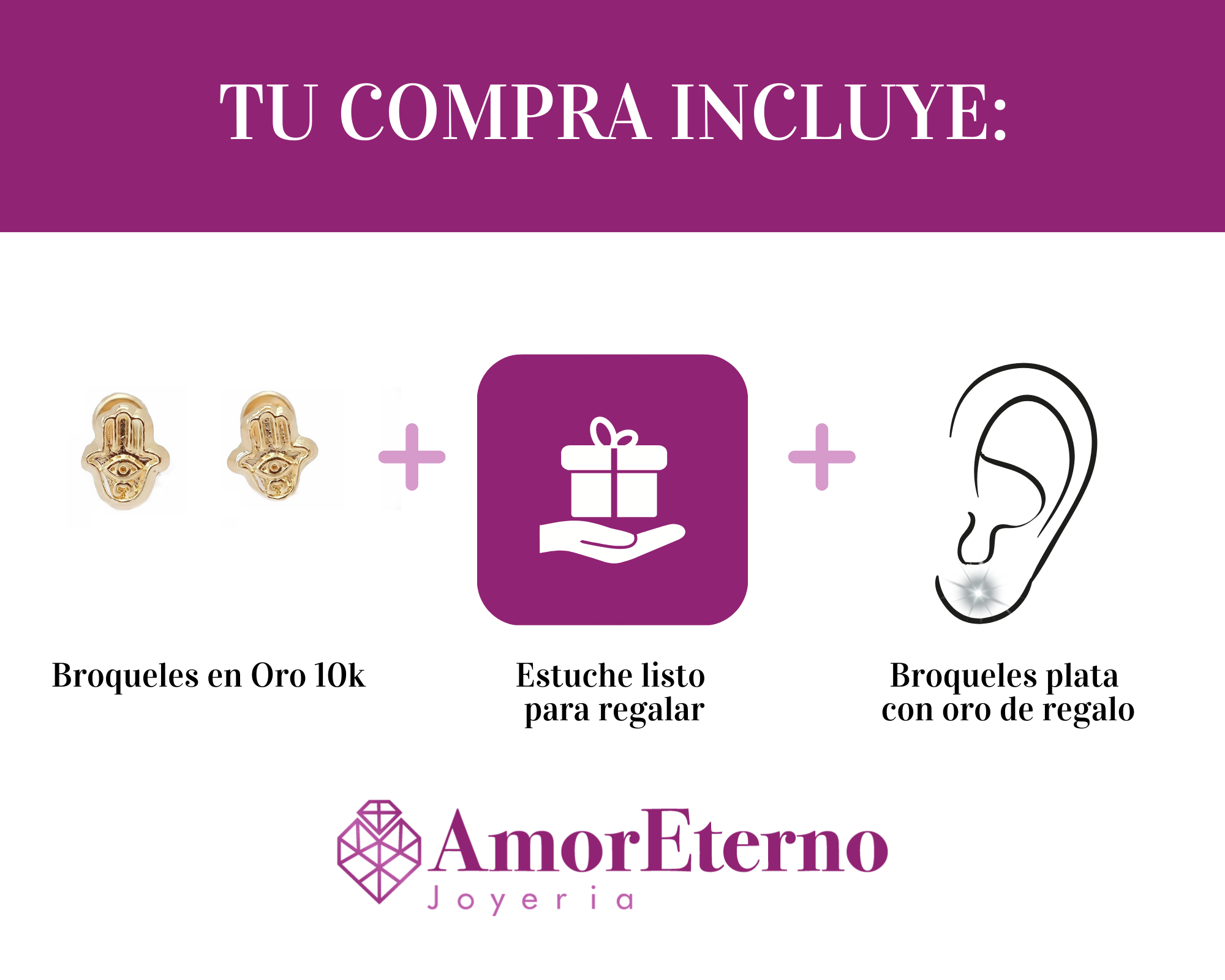 Amor Eterno - Broqueles / Mini Mano De Fátima / Oro 10k