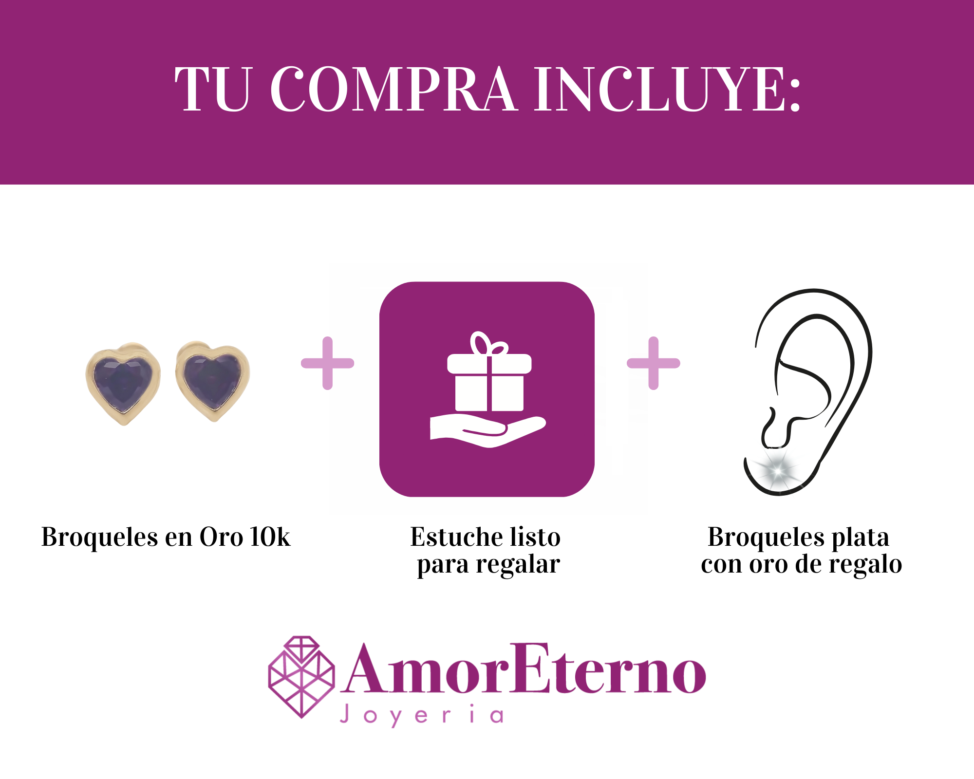 Amor Eterno - Broquel Corazón Bisel #4 / Aretes Oro 10k / Morado