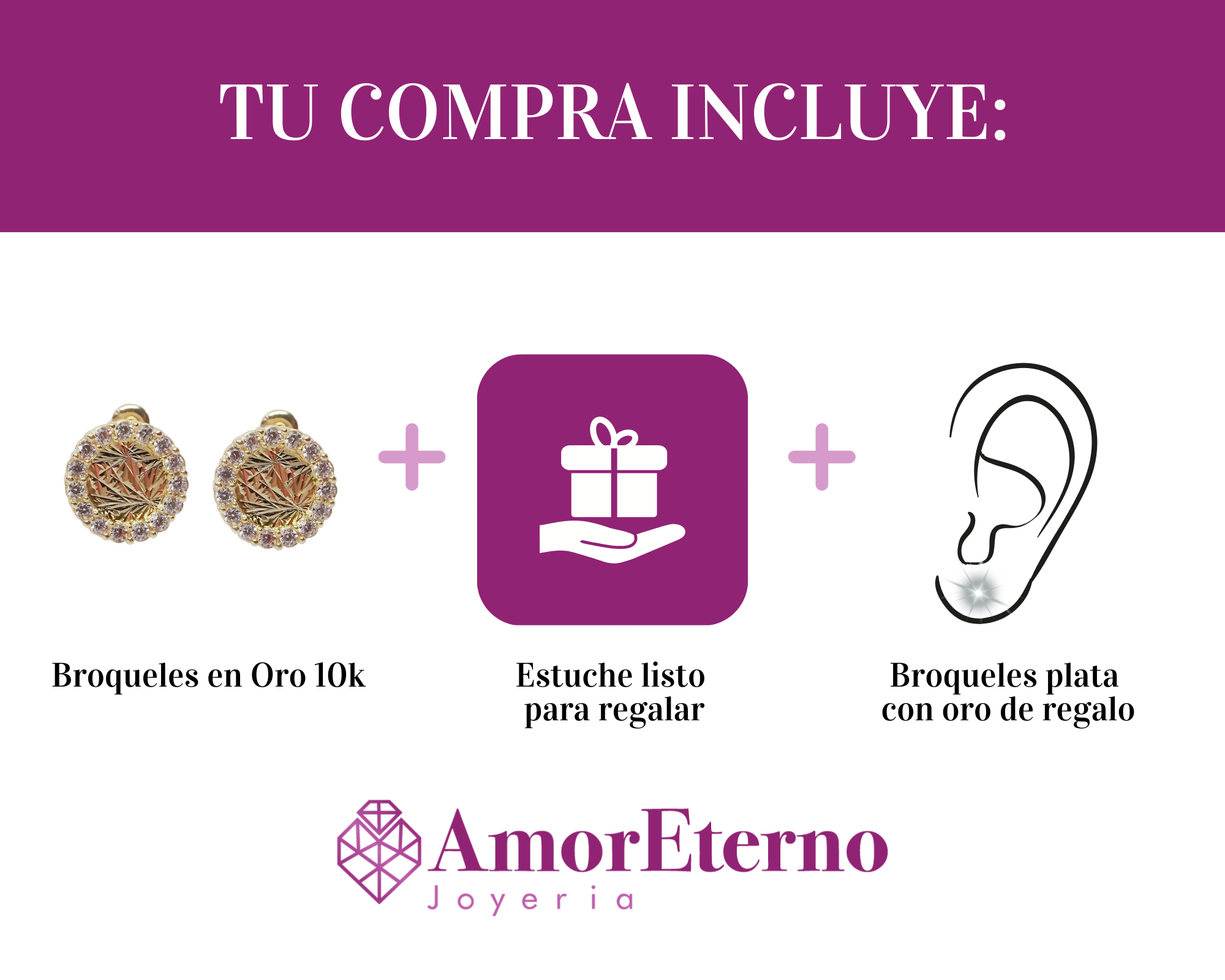 Amor Eterno - Broqueles Círculo Brillo Aretes Oro Sólido 10k