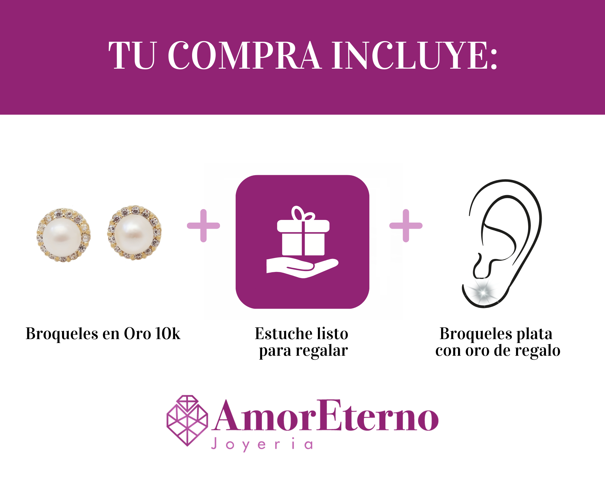 Amor Eterno - Broqueles Perla Diamantes/ Aretes Oro 10k