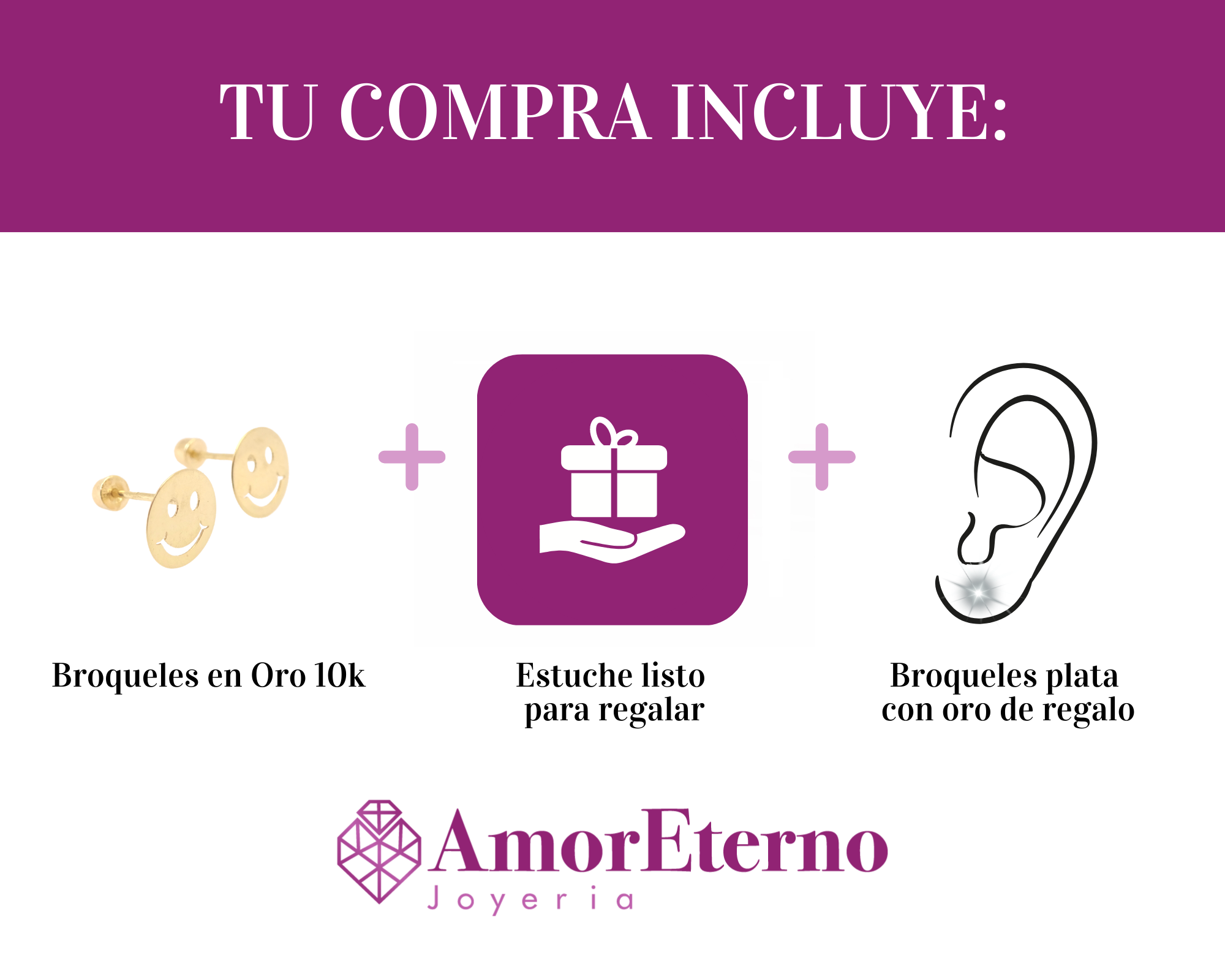 Amor Eterno - Broqueles Tachuela / Aretes / Oro Sólido 10k / Carita Feliz