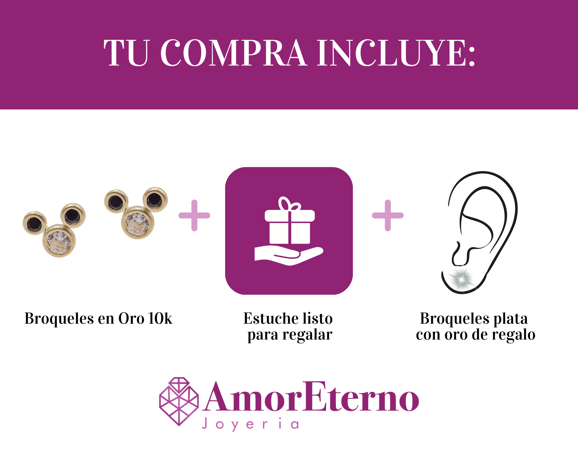 Amor Eterno - Broqueles / Disney Bisel Bebé Mickey / Oro 10k