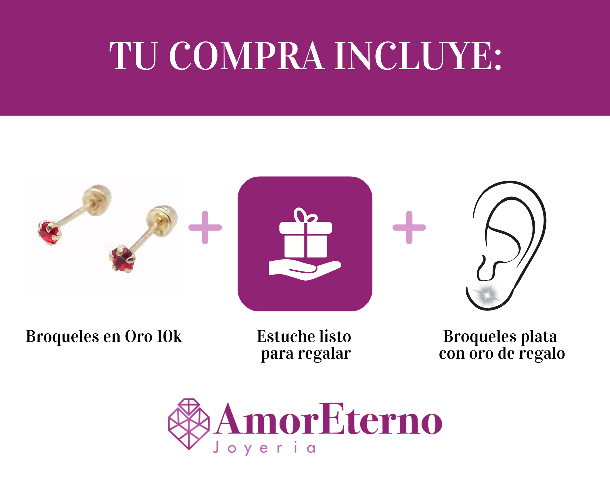 Amor Eterno - Broqueles Recto Mini Bebé / Aretes / Oro 10k / Rojo