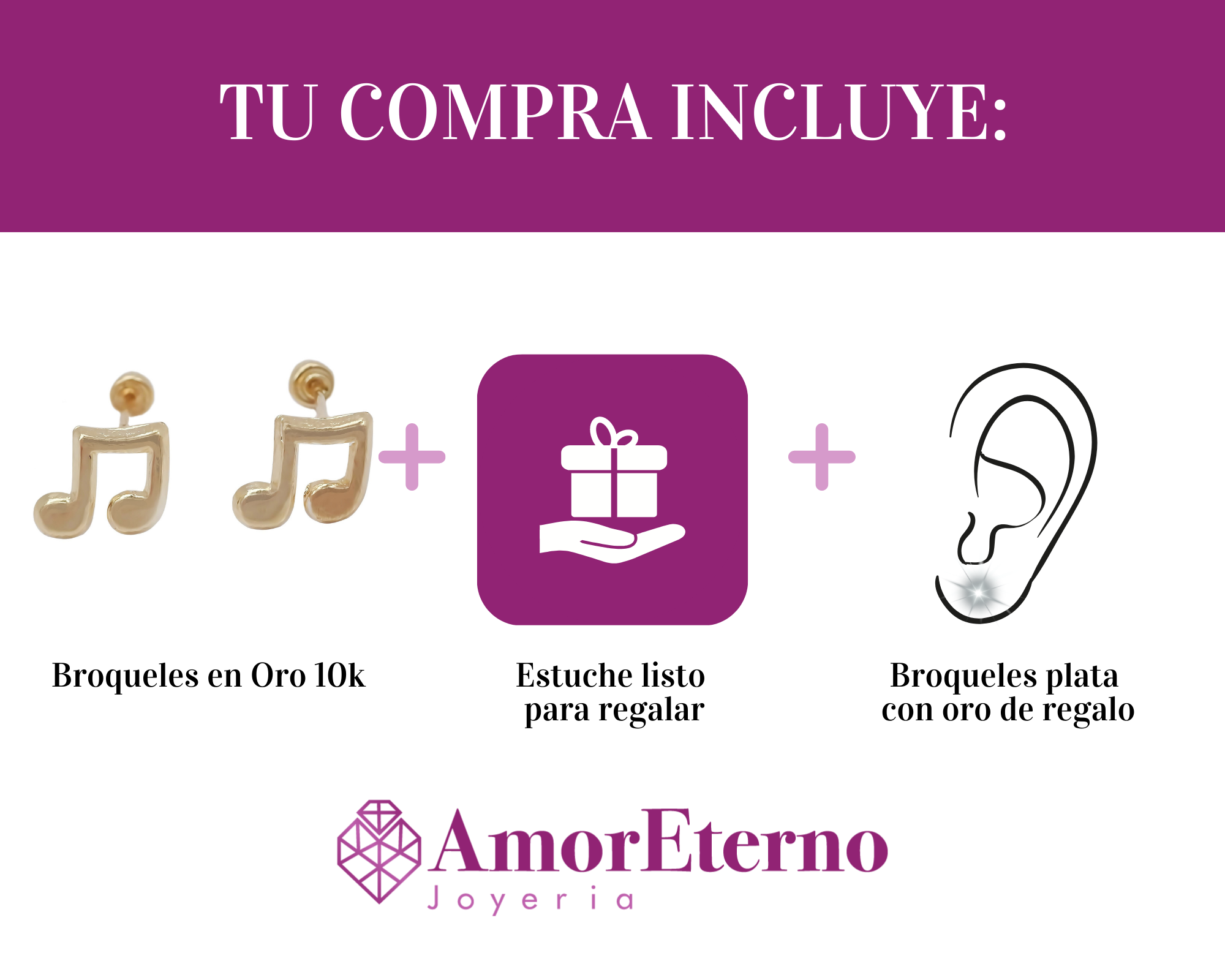 Amor Eterno - Broqueles Aretes / Nota Musical / Oro 10k