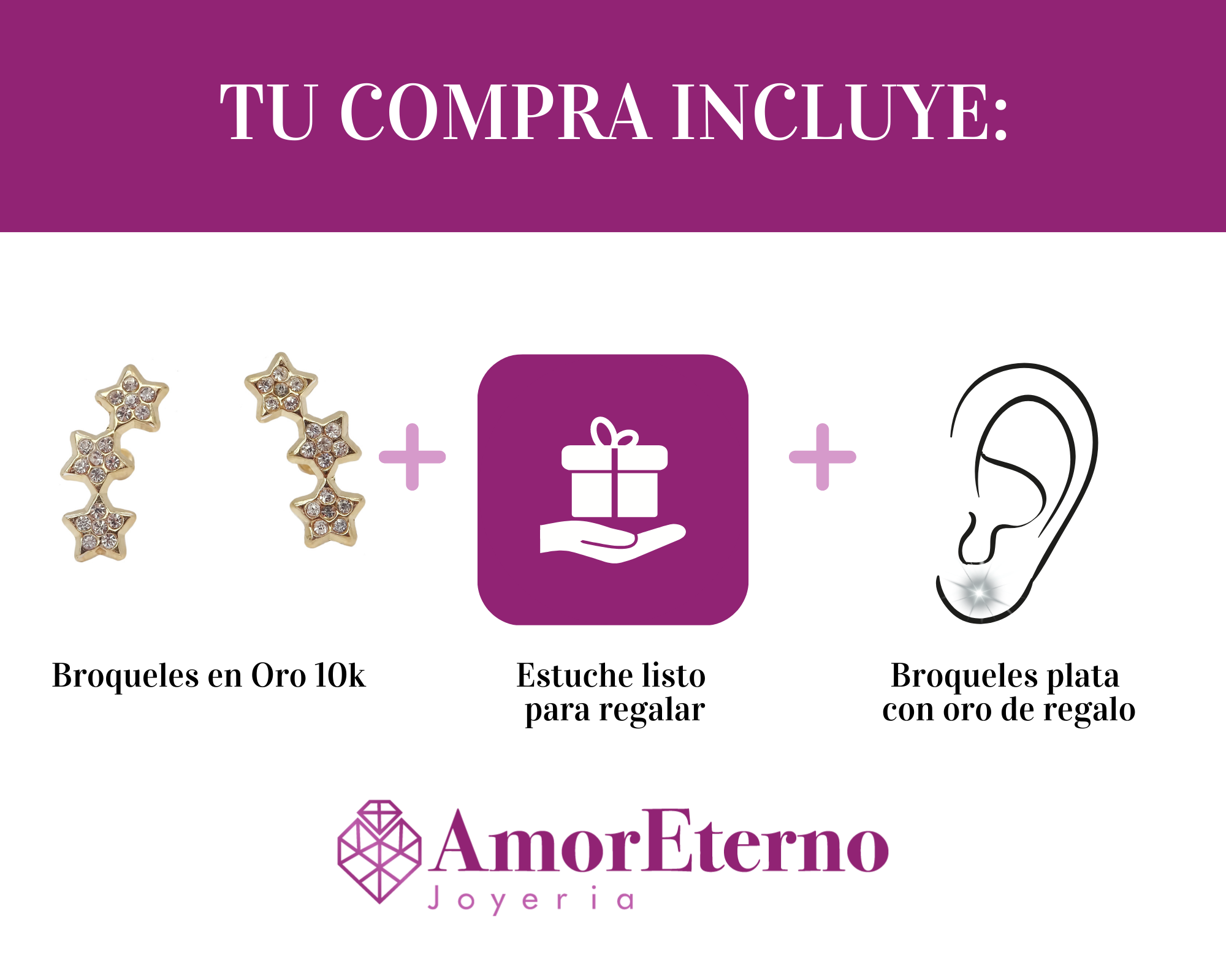 Amor Eterno - Broqueles Estrella Fugaz 15p* / Aretes Oro 10k