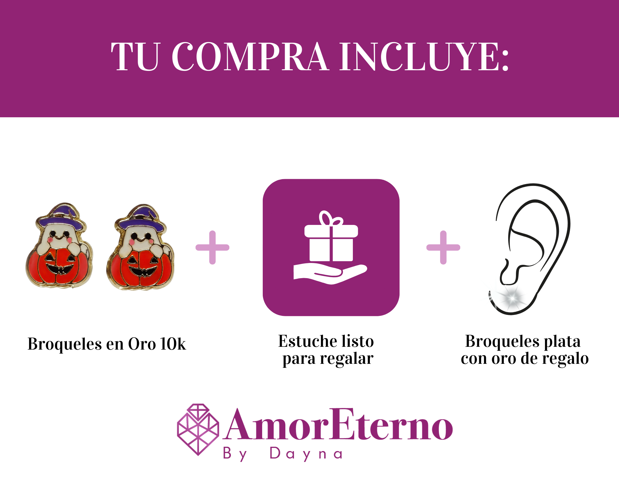 Amor Eterno - Broqueles Calabaza Fantasma / Oro Sólido 10k