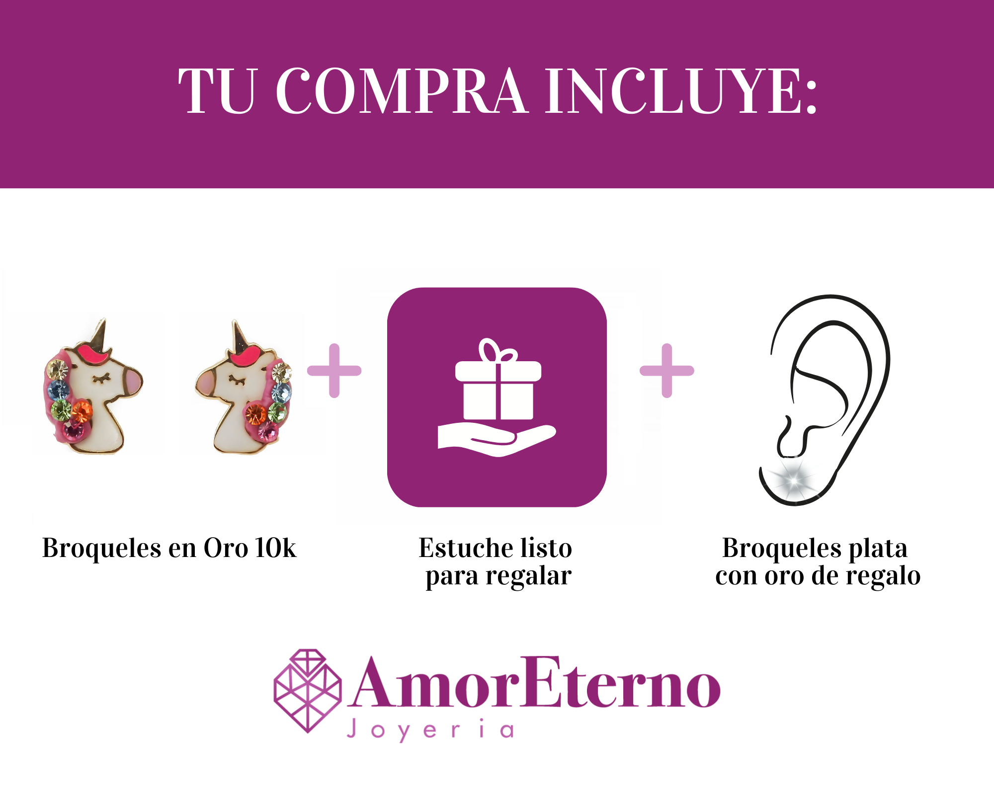 Amor Eterno - Broqueles Unicornio / Aretes / Oro Sólido 10k