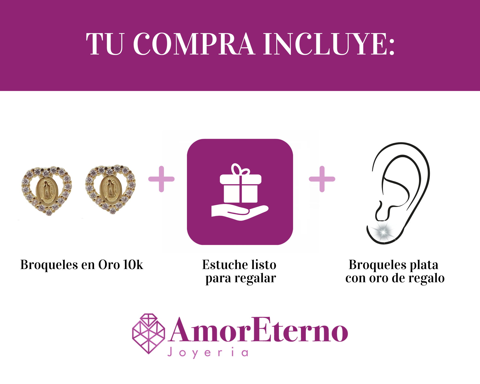 Amor Eterno - Broqueles Virgen Corazón / Aretes / Oro 10k