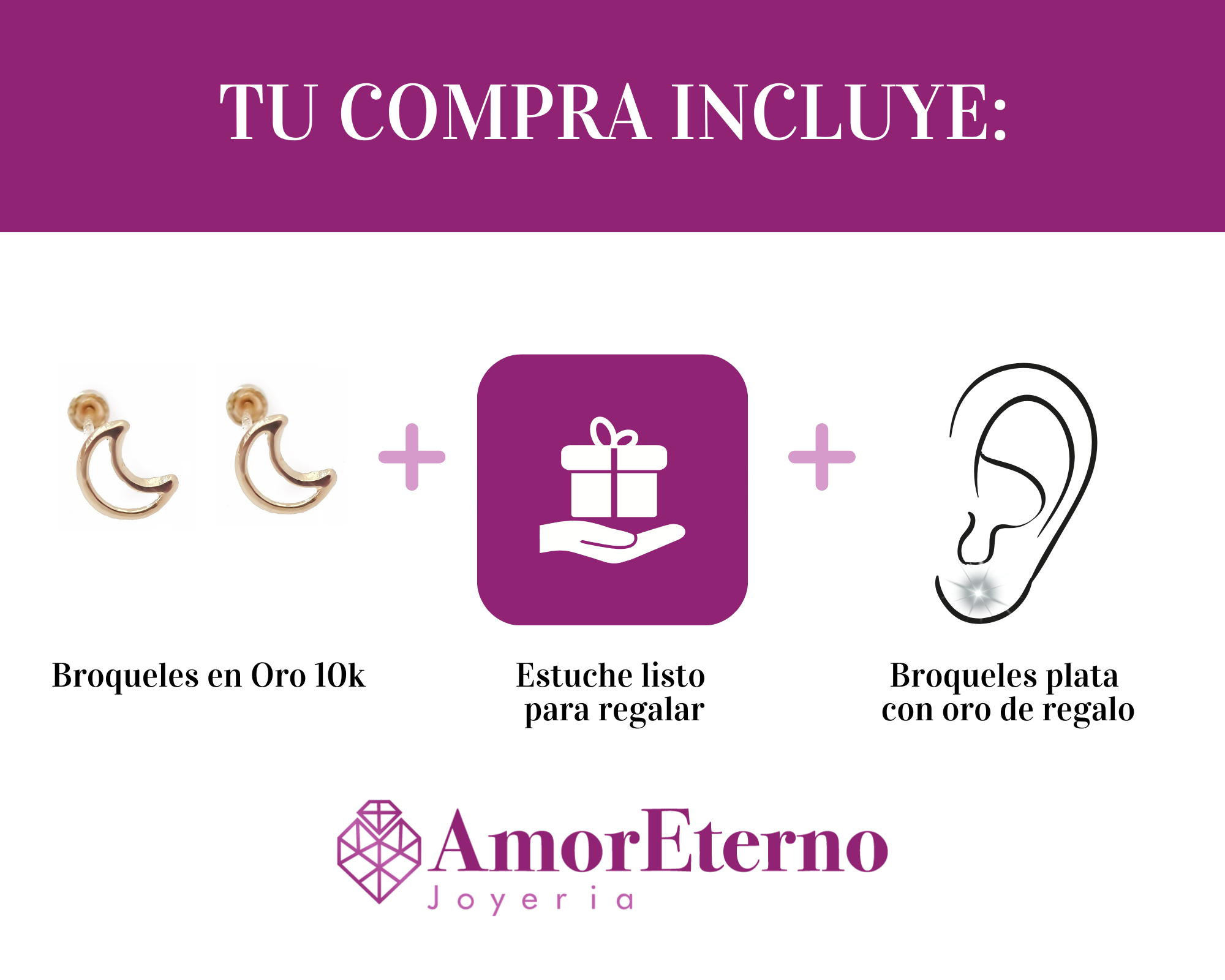 Amor Eterno - Broqueles Luna / Aretes / Oro Sólido 10k