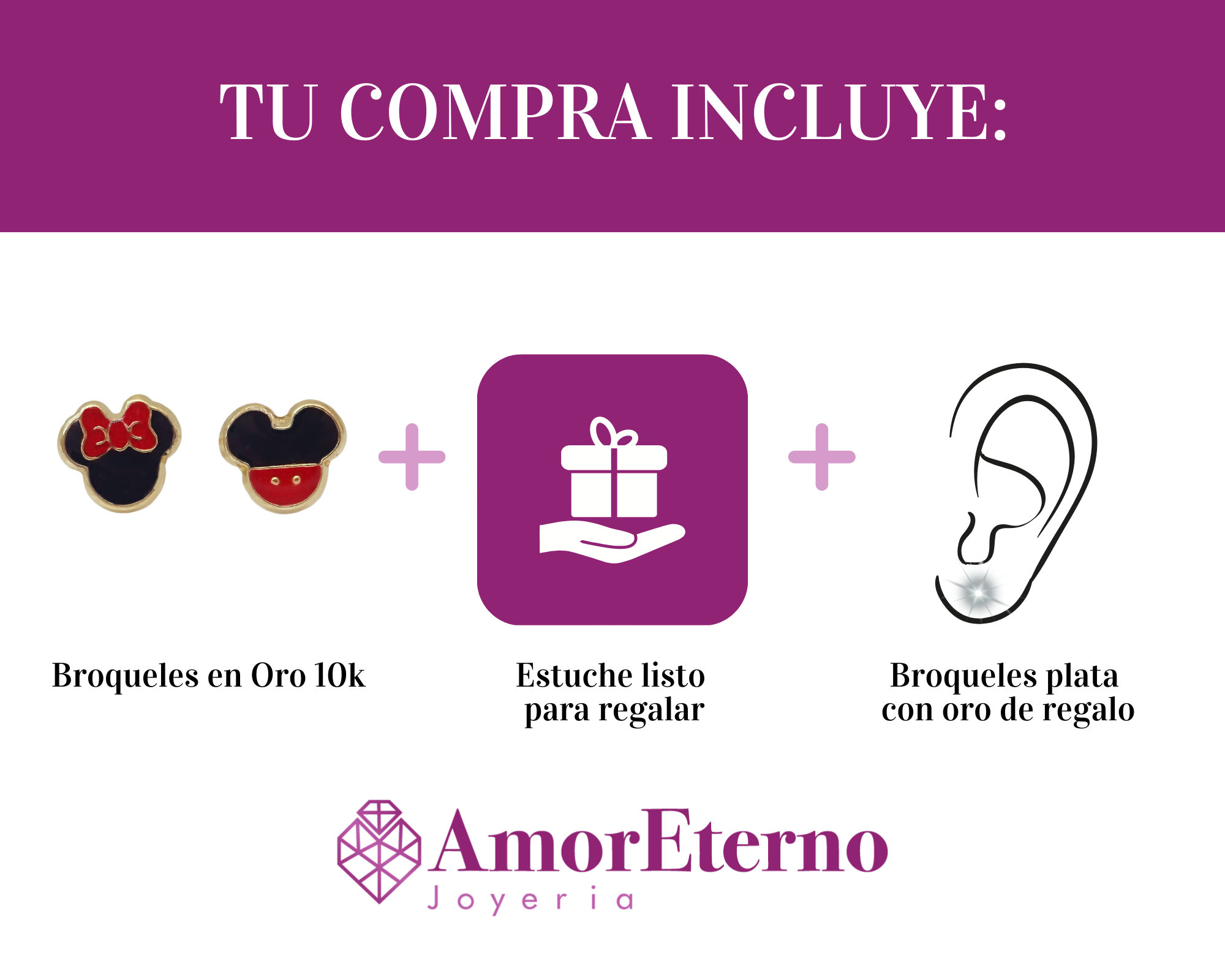 Amor Eterno - Broqueles Disney Mickey Minnie Aretes Oro 10k