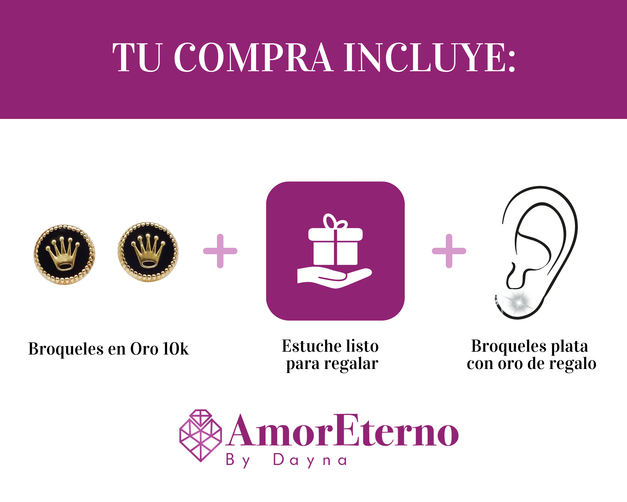 Amor Eterno - Broqueles Corona Botón Aretes / Oro 10k