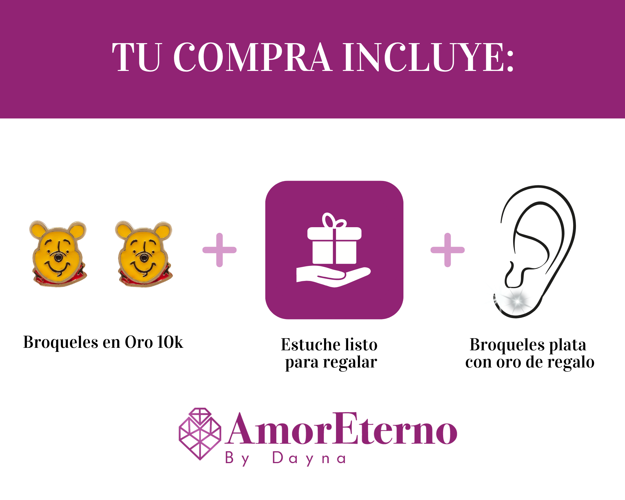 Amor Eterno - Broqueles Winnie Pooh / Aretes Oro 10k