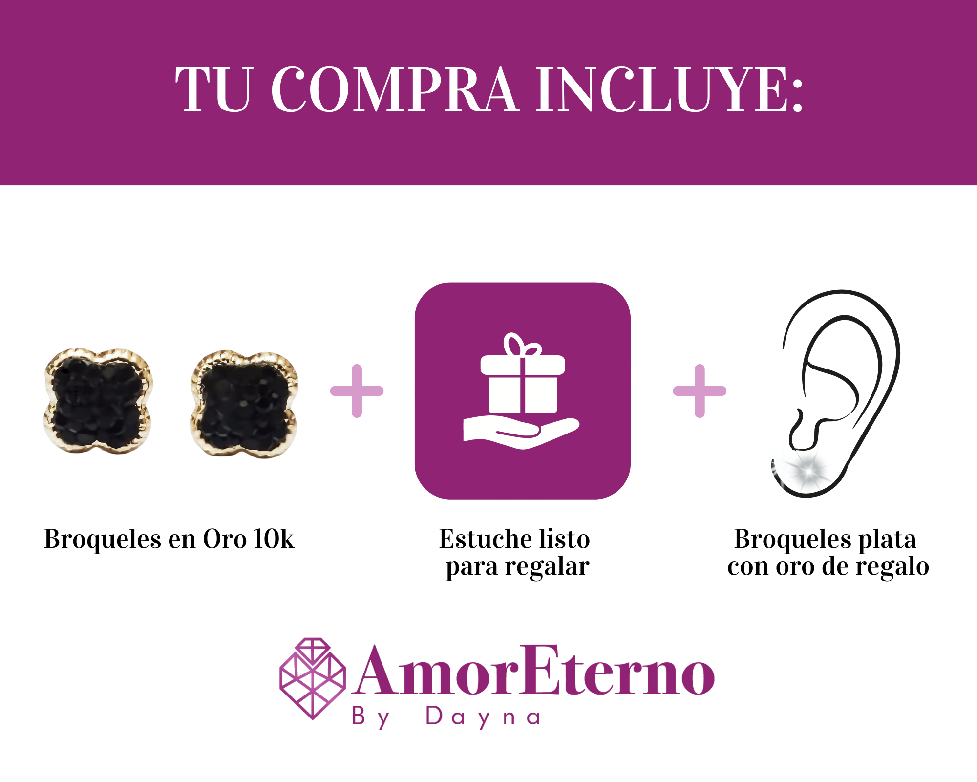 Amor Eterno - Broqueles Trébol Tapiz / Oro Sólido 10k