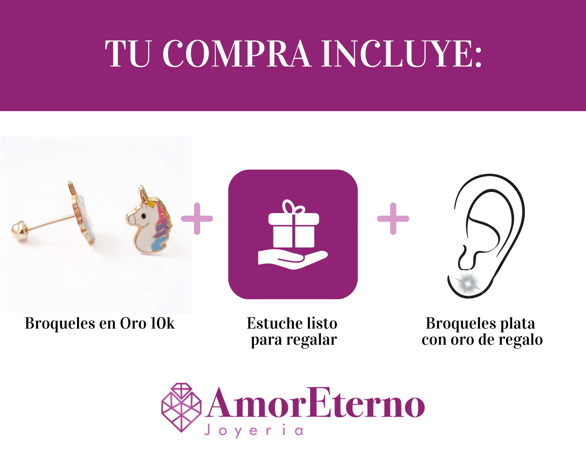 Amor Eterno - Broquel / Arete / Oro Sólido 10k De Unicornio Arcoiris